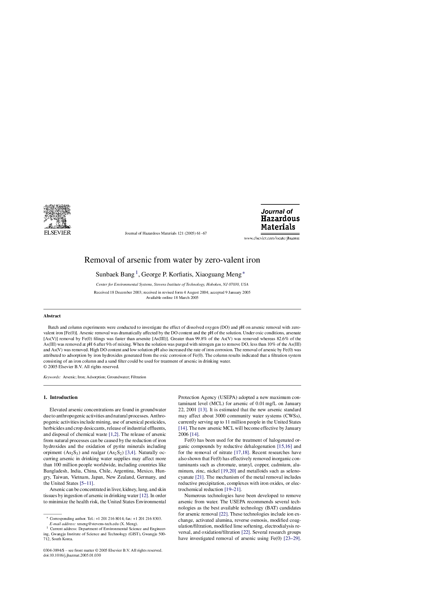 Removal of arsenic from water by zero-valent iron