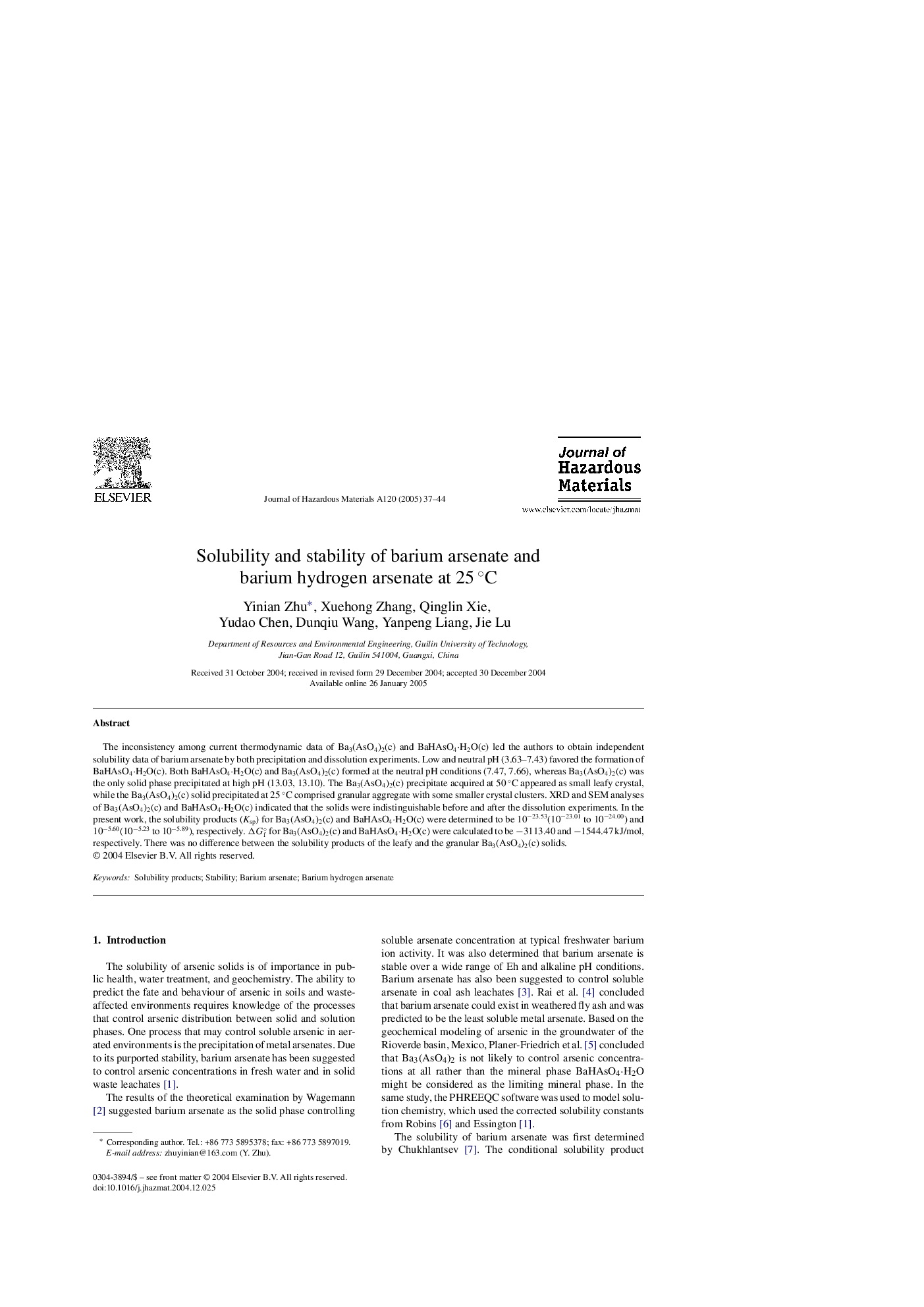 Solubility and stability of barium arsenate and barium hydrogen arsenate at 25Â Â°C