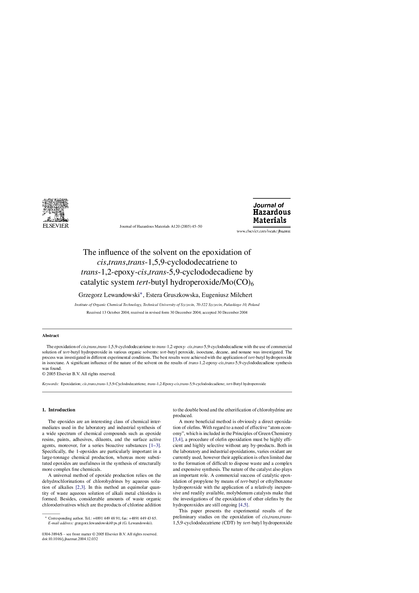 The influence of the solvent on the epoxidation of cis,trans,trans-1,5,9-cyclododecatriene to trans-1,2-epoxy-cis,trans-5,9-cyclododecadiene by catalytic system tert-butyl hydroperoxide/Mo(CO)6