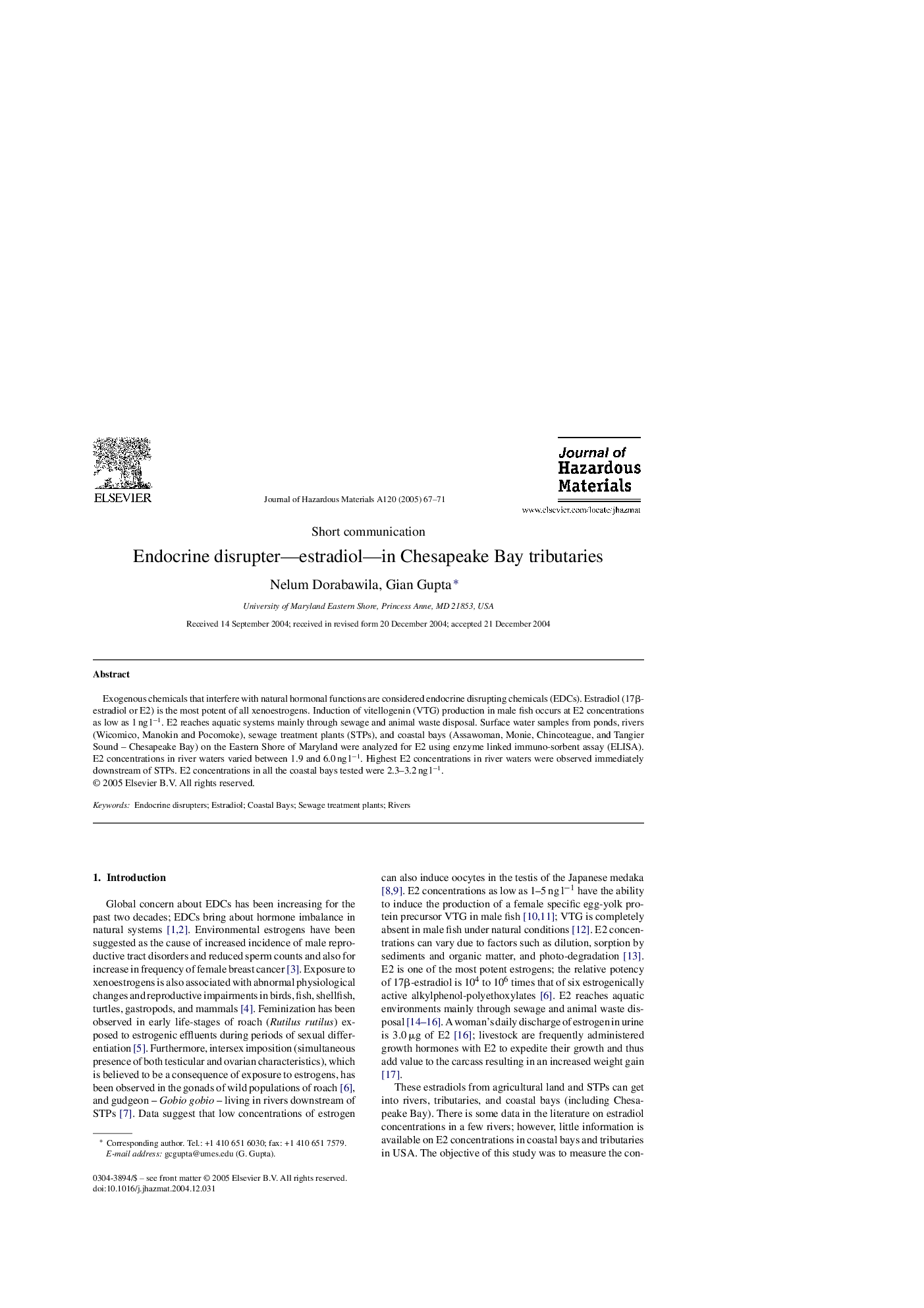 Endocrine disrupter-estradiol-in Chesapeake Bay tributaries