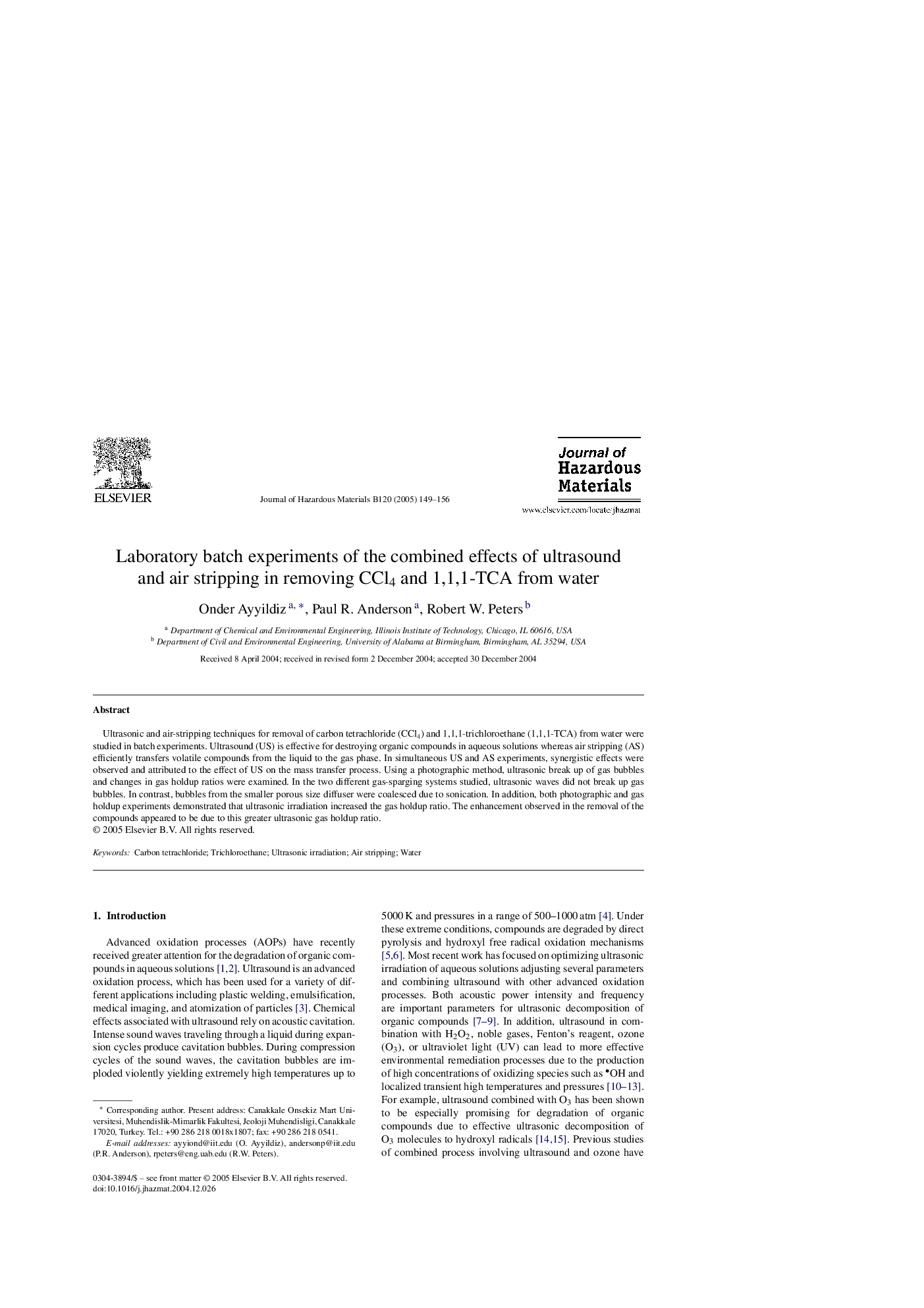 Laboratory batch experiments of the combined effects of ultrasound and air stripping in removing CCl4 and 1,1,1-TCA from water