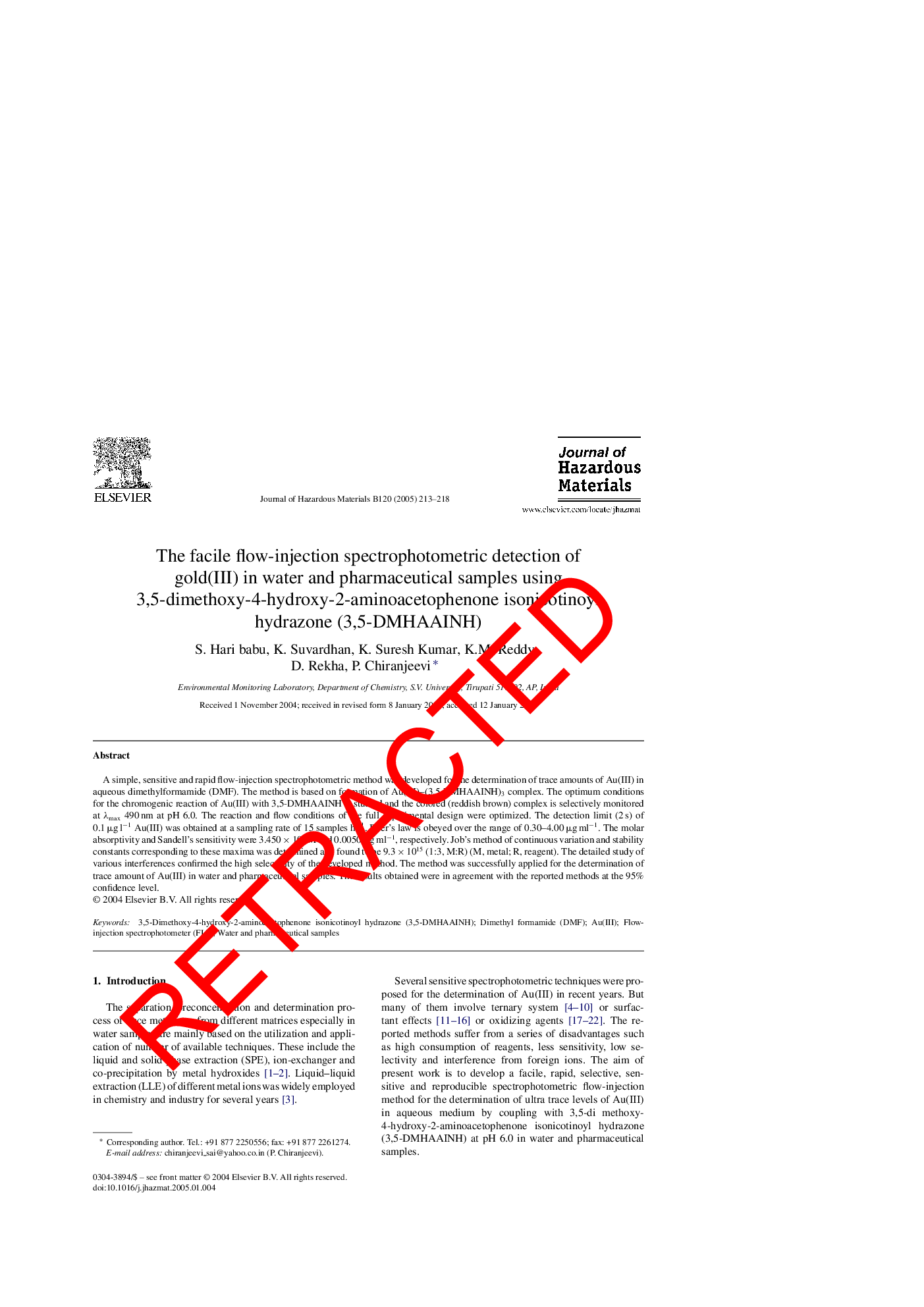 RETRACTED: The facile flow-injection spectrophotometric detection of gold(III) in water and pharmaceutical samples using 3,5-dimethoxy-4-hydroxy-2-aminoacetophenone isonicotinoyl hydrazone (3,5-DMHAAINH)