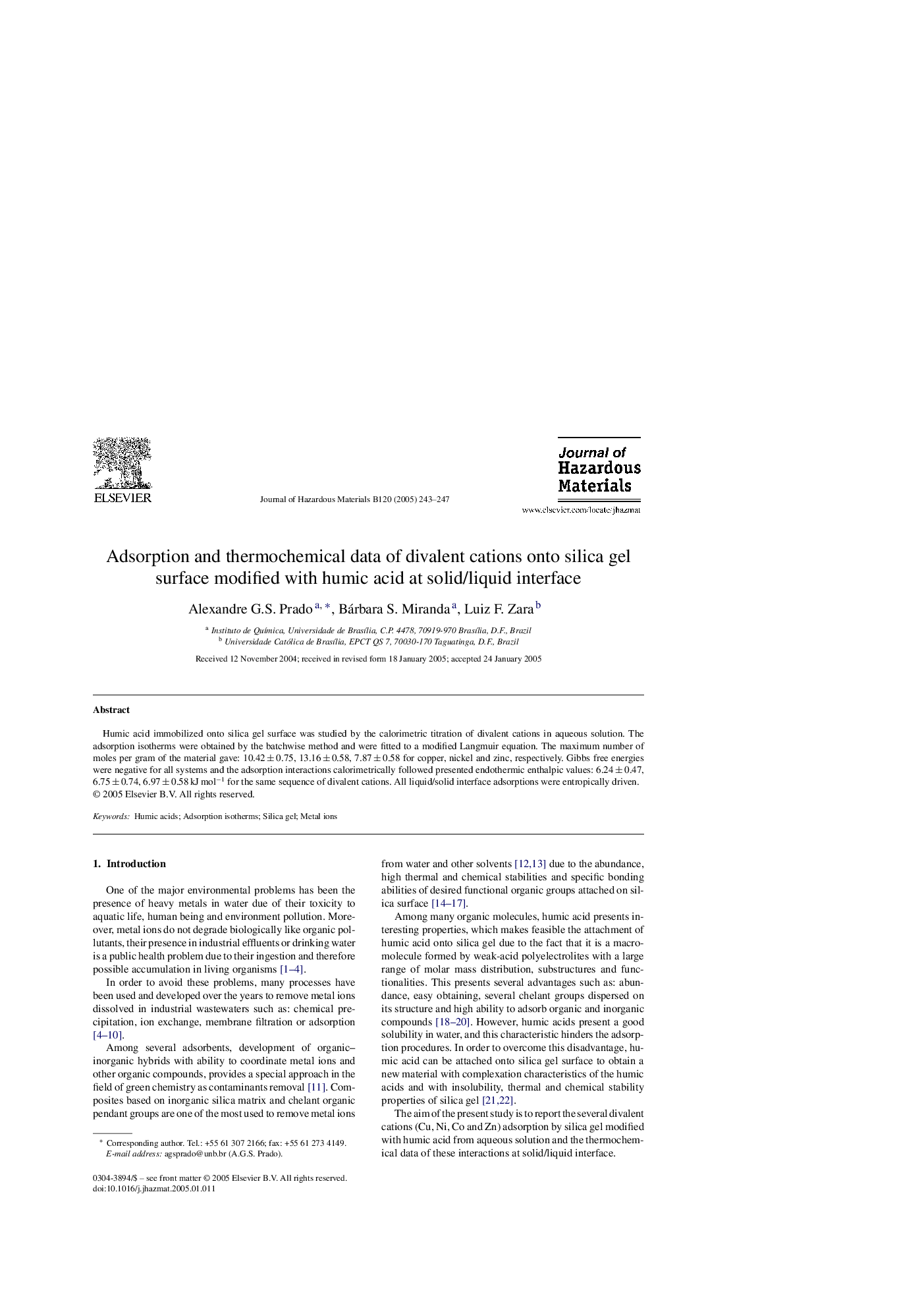 Adsorption and thermochemical data of divalent cations onto silica gel surface modified with humic acid at solid/liquid interface