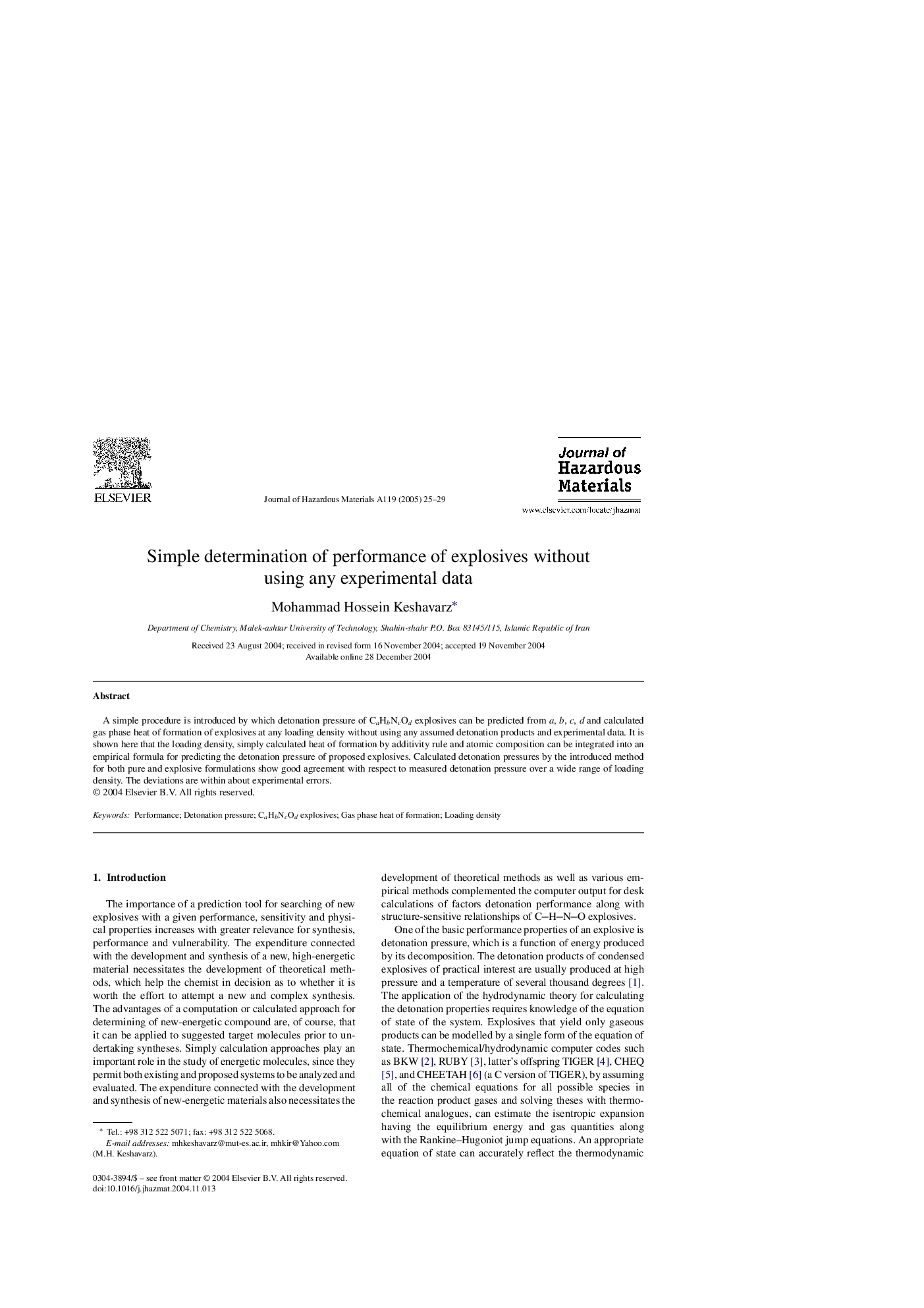 Simple determination of performance of explosives without using any experimental data