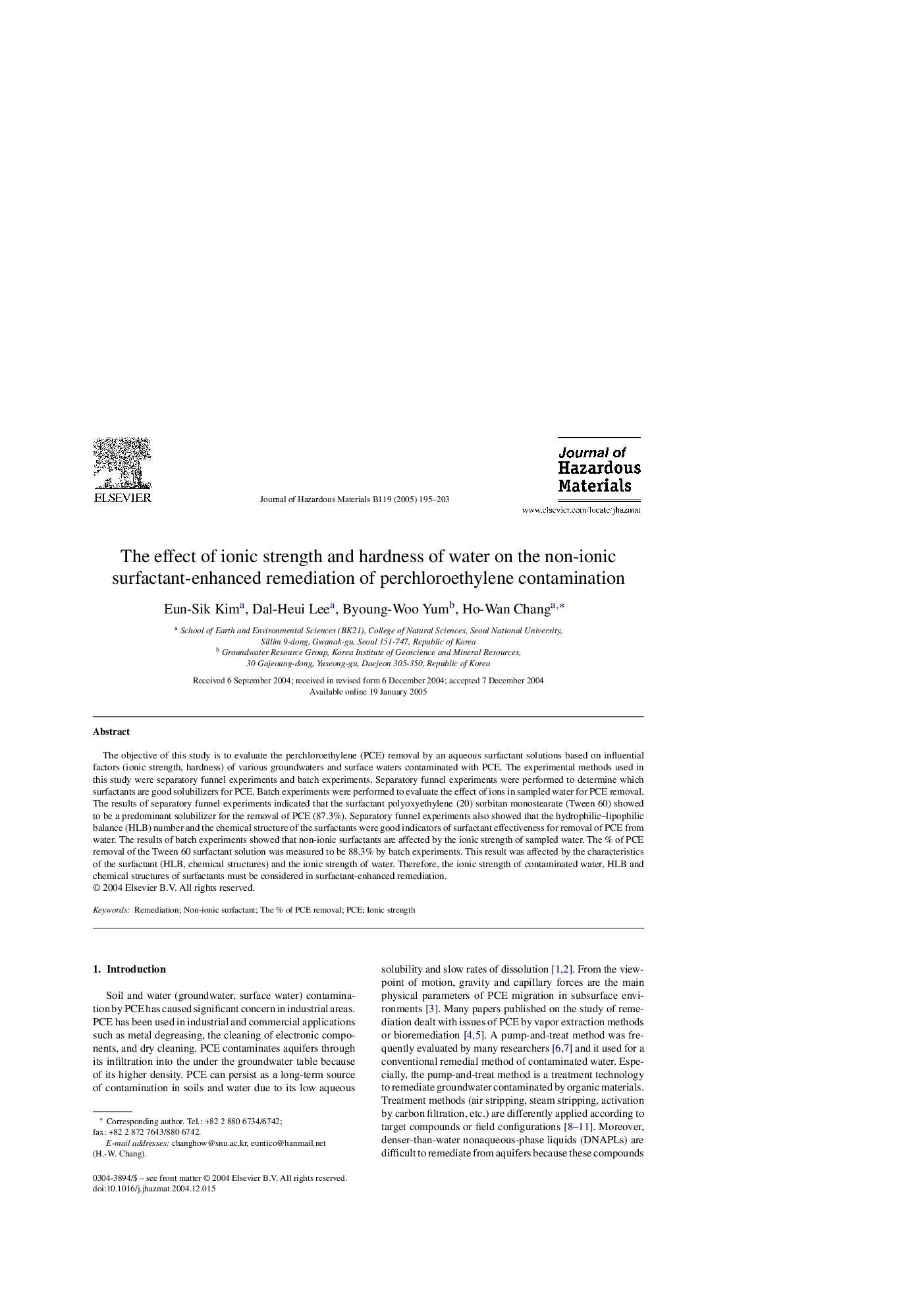 The effect of ionic strength and hardness of water on the non-ionic surfactant-enhanced remediation of perchloroethylene contamination