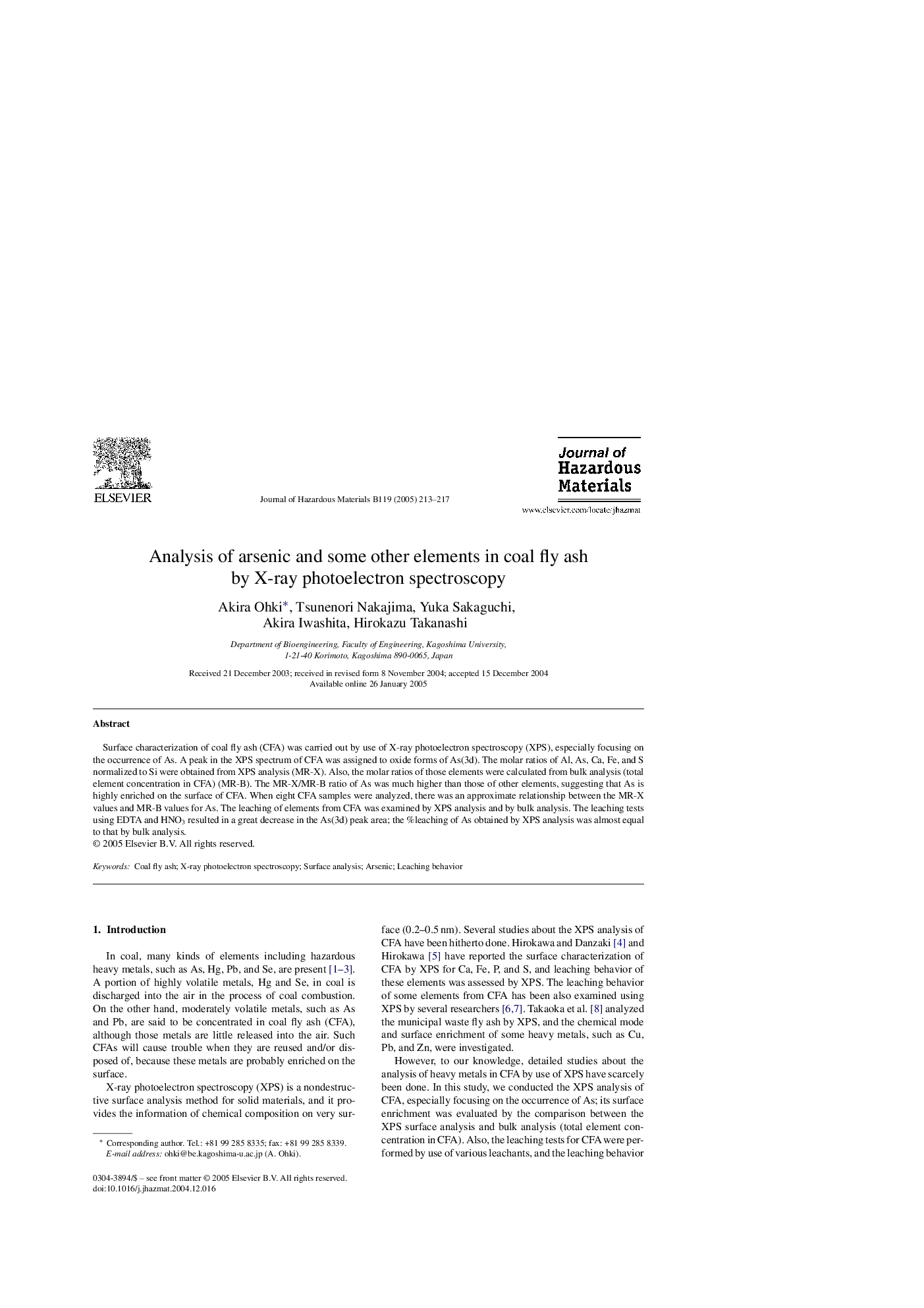 Analysis of arsenic and some other elements in coal fly ash by X-ray photoelectron spectroscopy