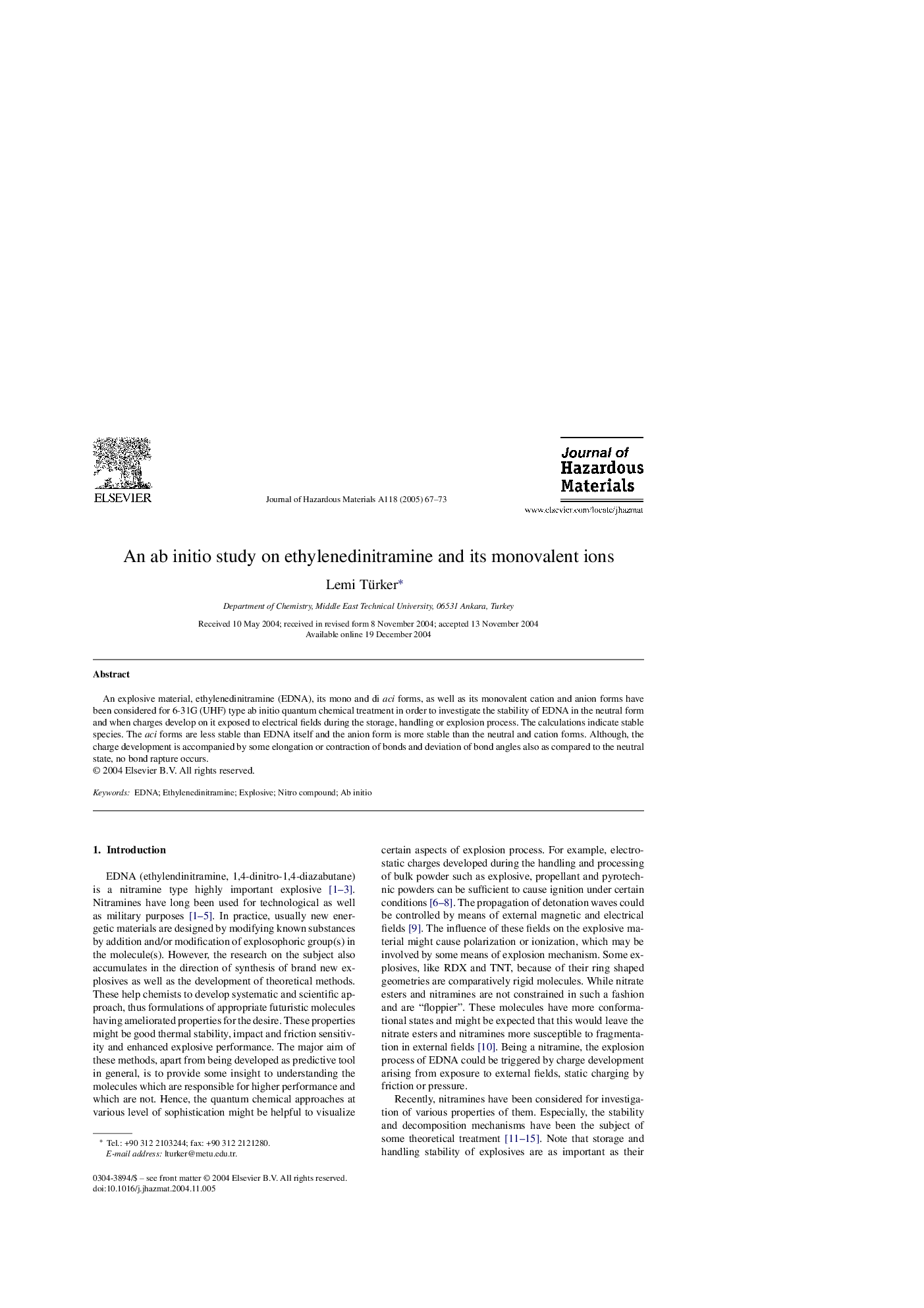 An ab initio study on ethylenedinitramine and its monovalent ions