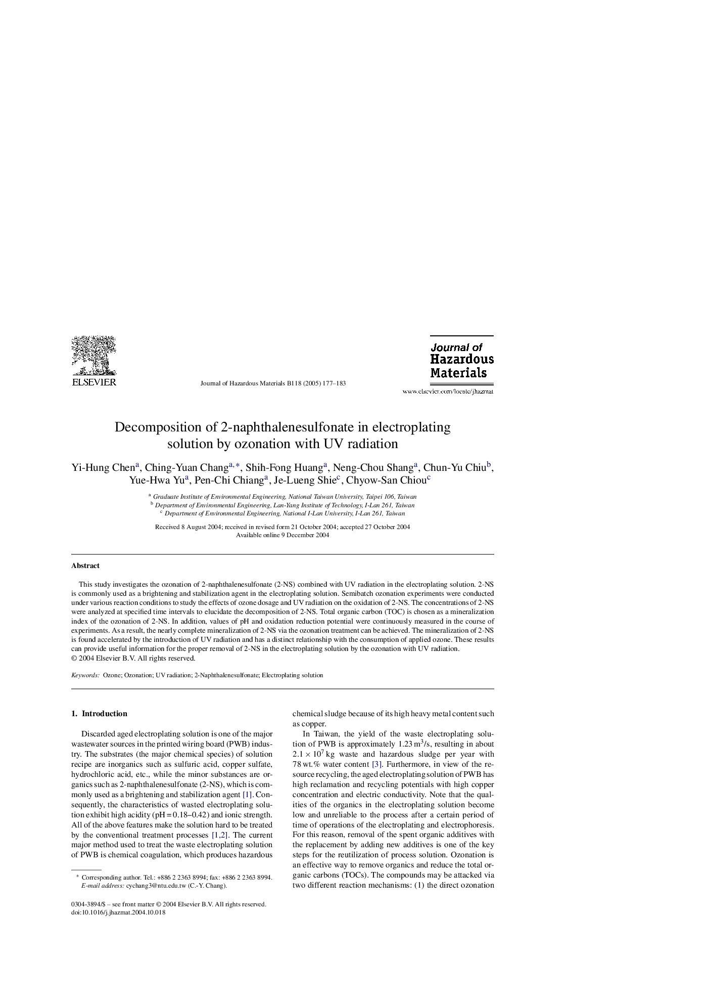 Decomposition of 2-naphthalenesulfonate in electroplating solution by ozonation with UV radiation