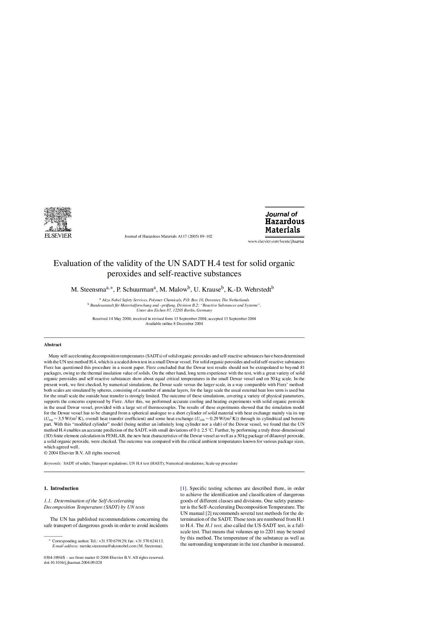 Evaluation of the validity of the UN SADT H.4 test for solid organic peroxides and self-reactive substances