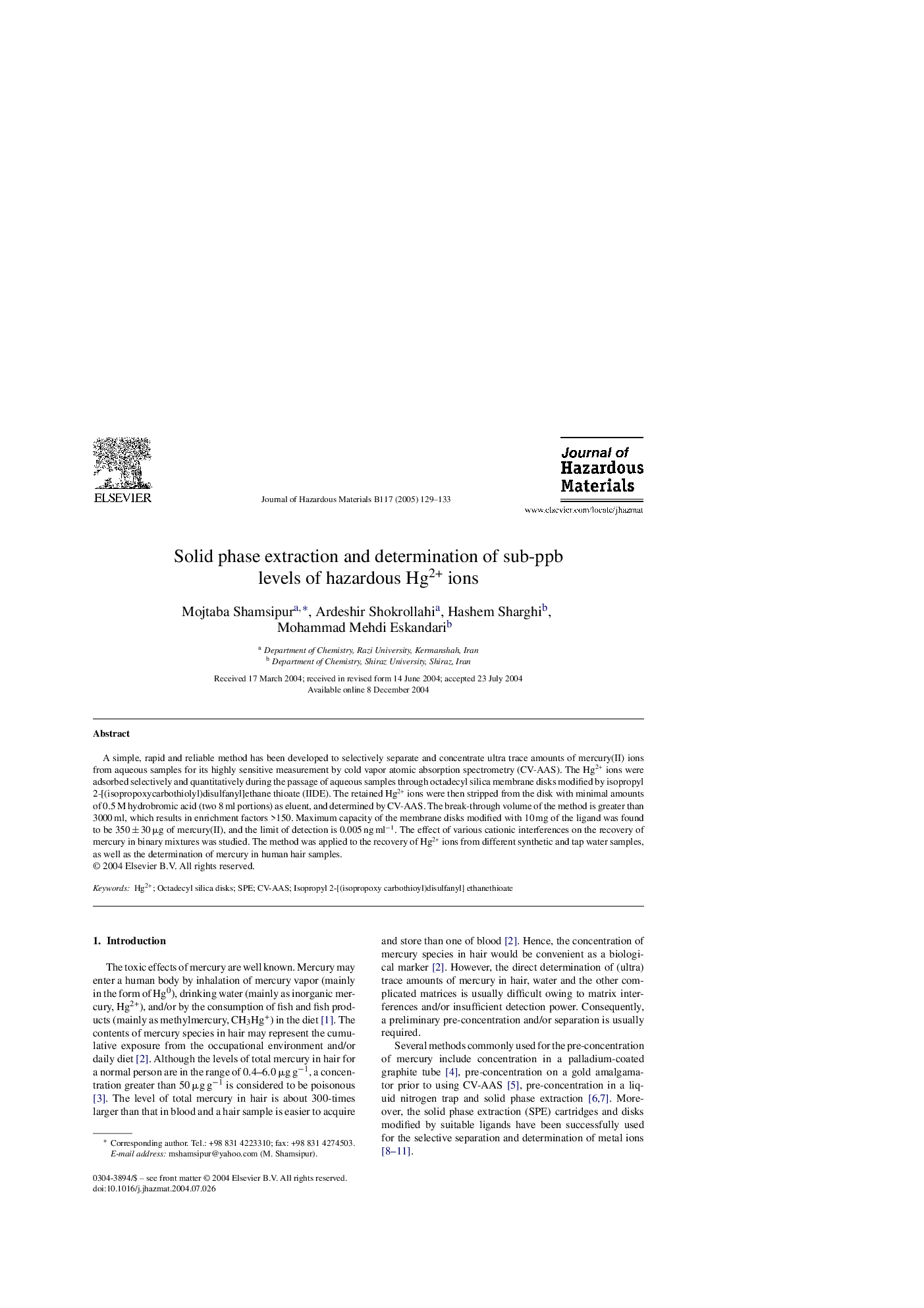 Solid phase extraction and determination of sub-ppb levels of hazardous Hg2+ ions