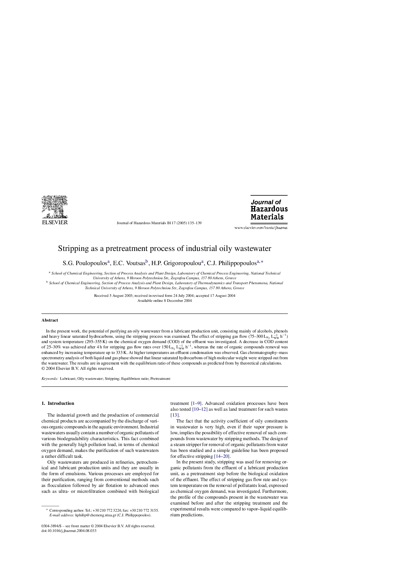 Stripping as a pretreatment process of industrial oily wastewater