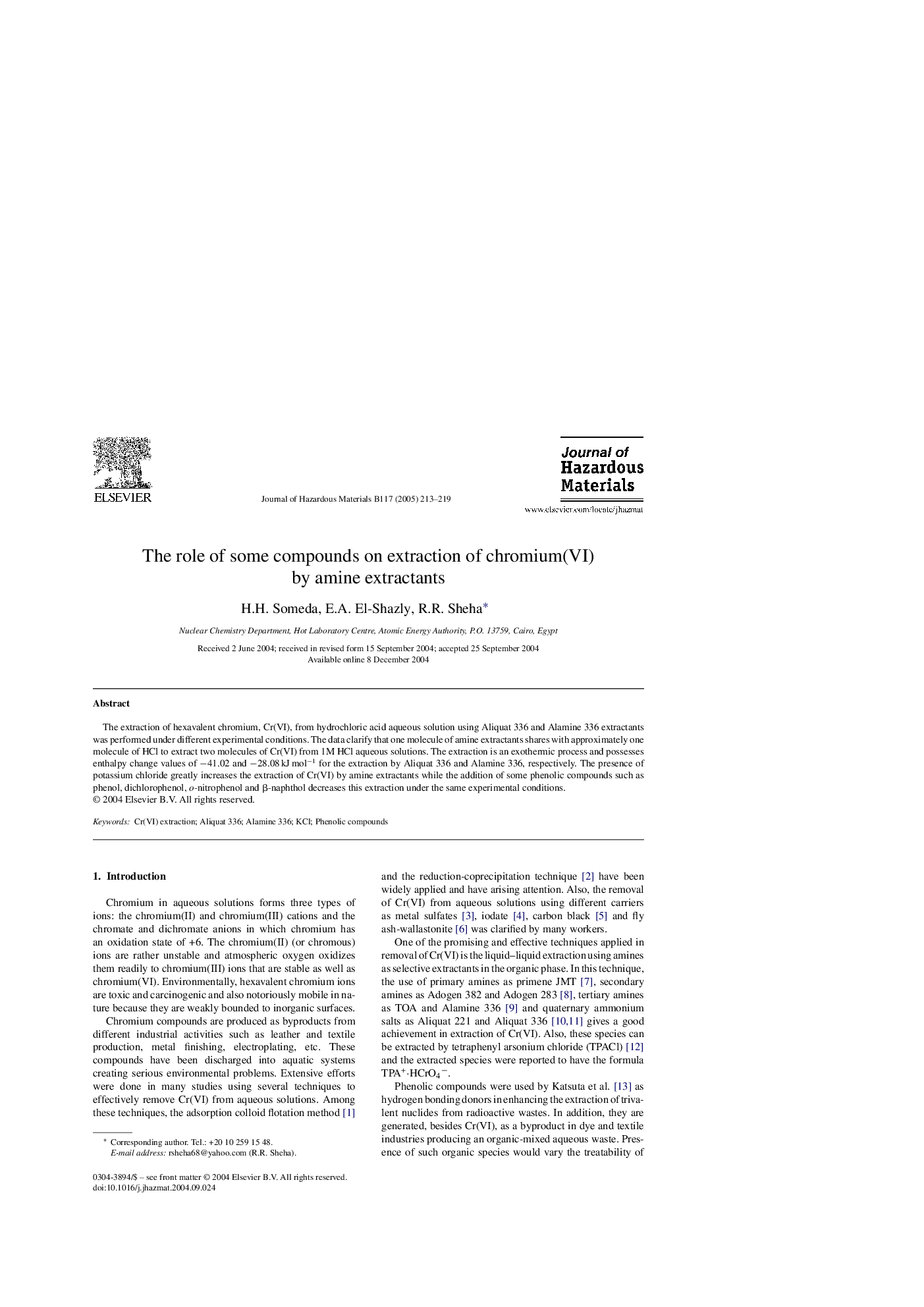 The role of some compounds on extraction of chromium(VI) by amine extractants