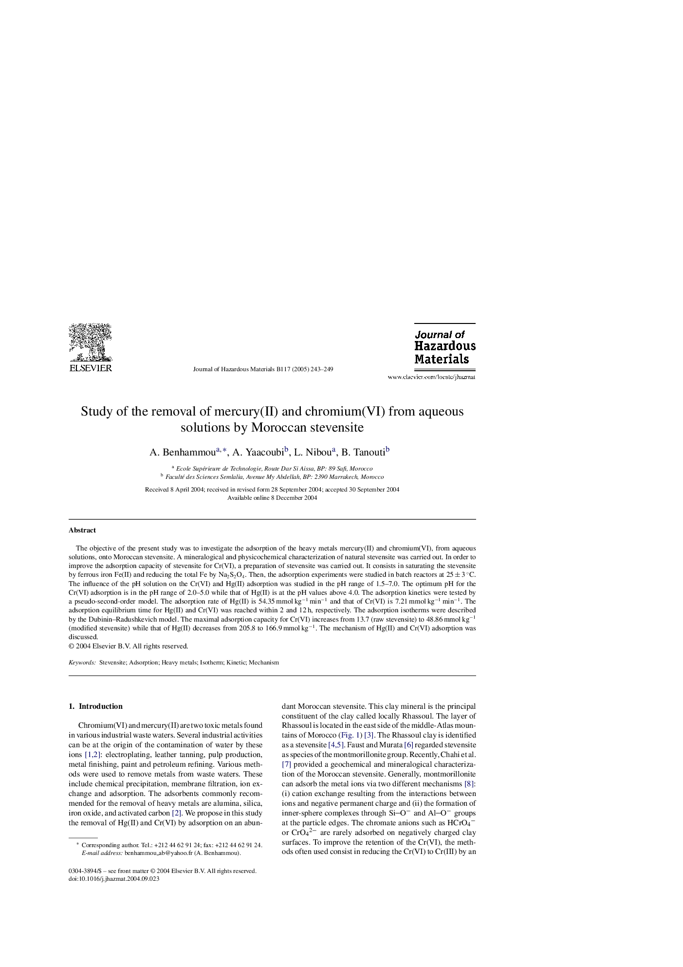 Study of the removal of mercury(II) and chromium(VI) from aqueous solutions by Moroccan stevensite