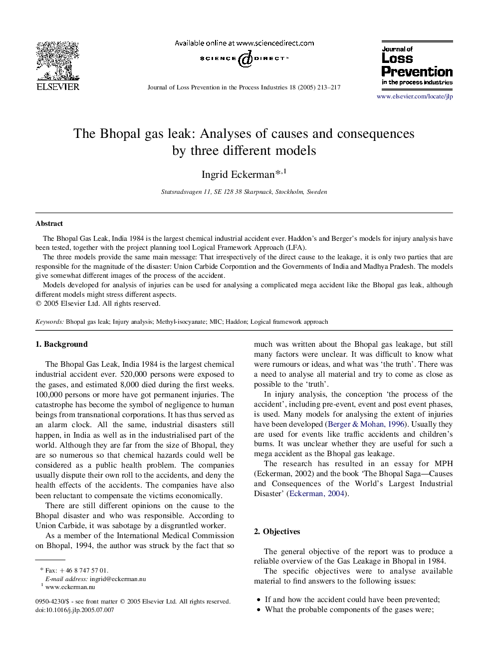 The Bhopal gas leak: Analyses of causes and consequences by three different models