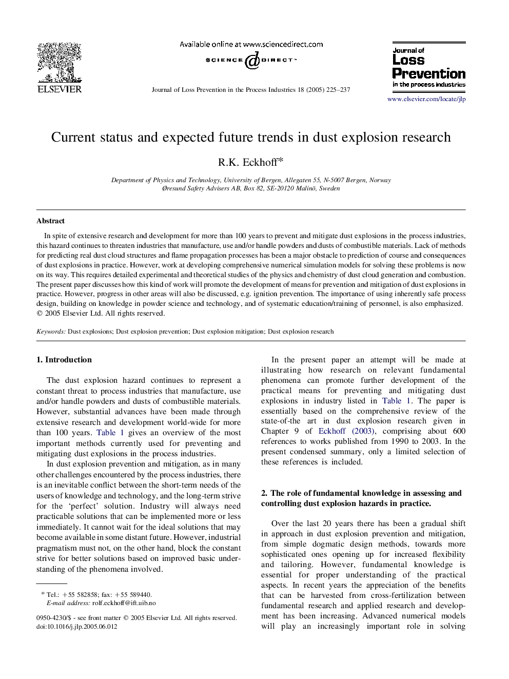 Current status and expected future trends in dust explosion research