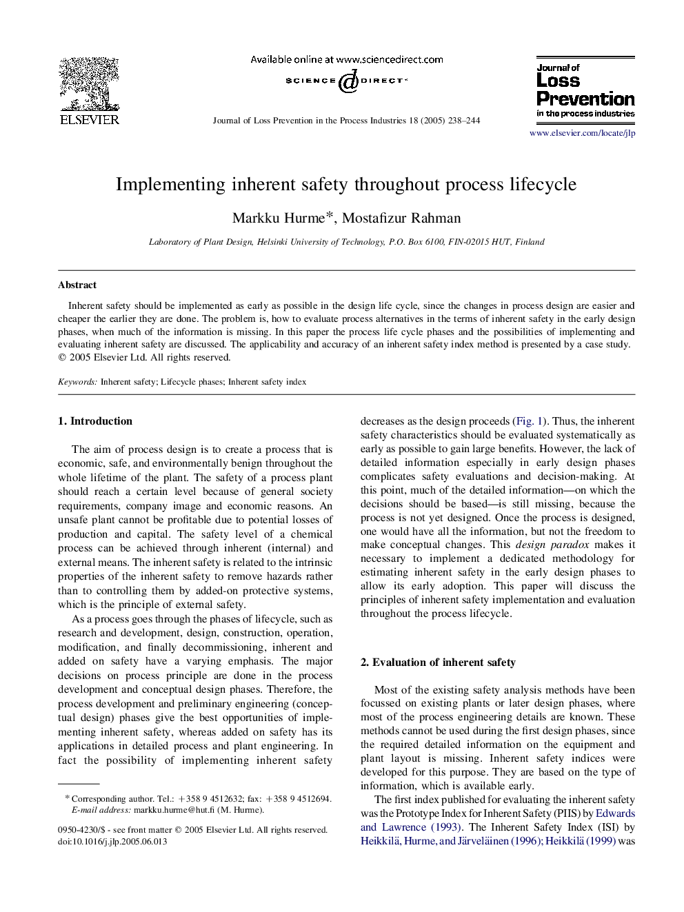 Implementing inherent safety throughout process lifecycle