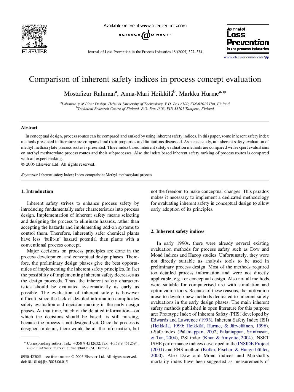 Comparison of inherent safety indices in process concept evaluation