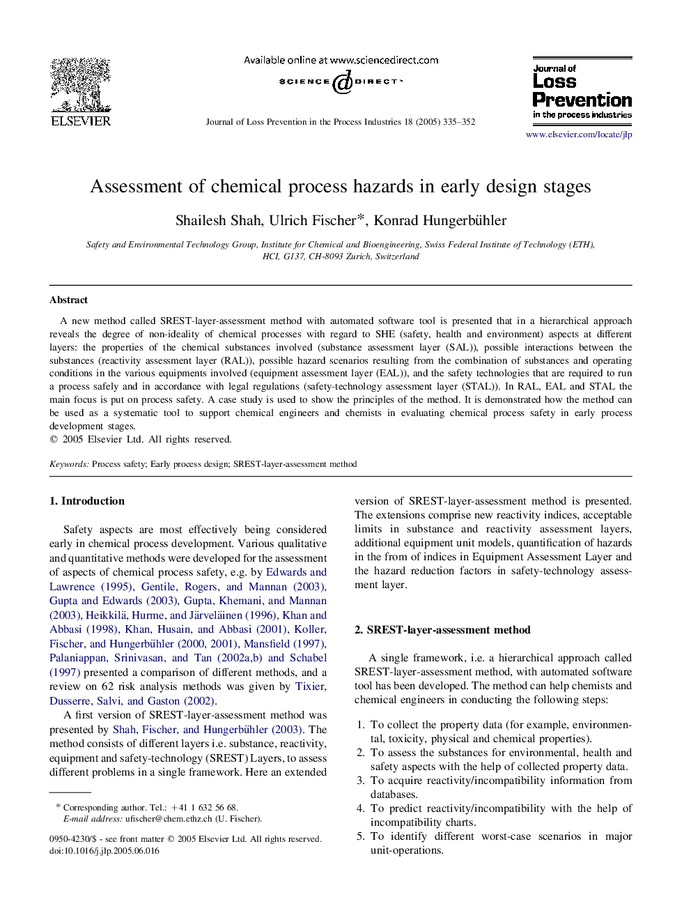 Assessment of chemical process hazards in early design stages