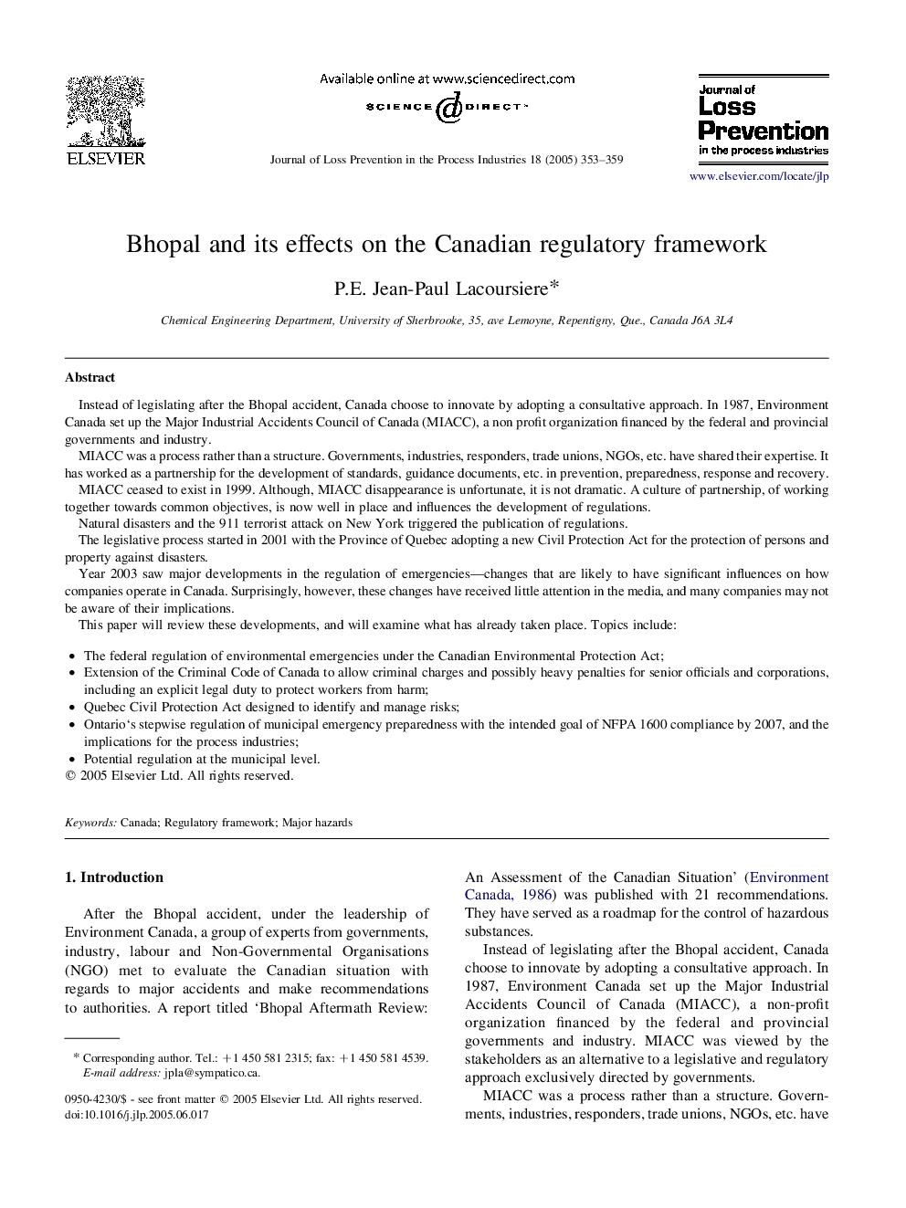 Bhopal and its effects on the Canadian regulatory framework