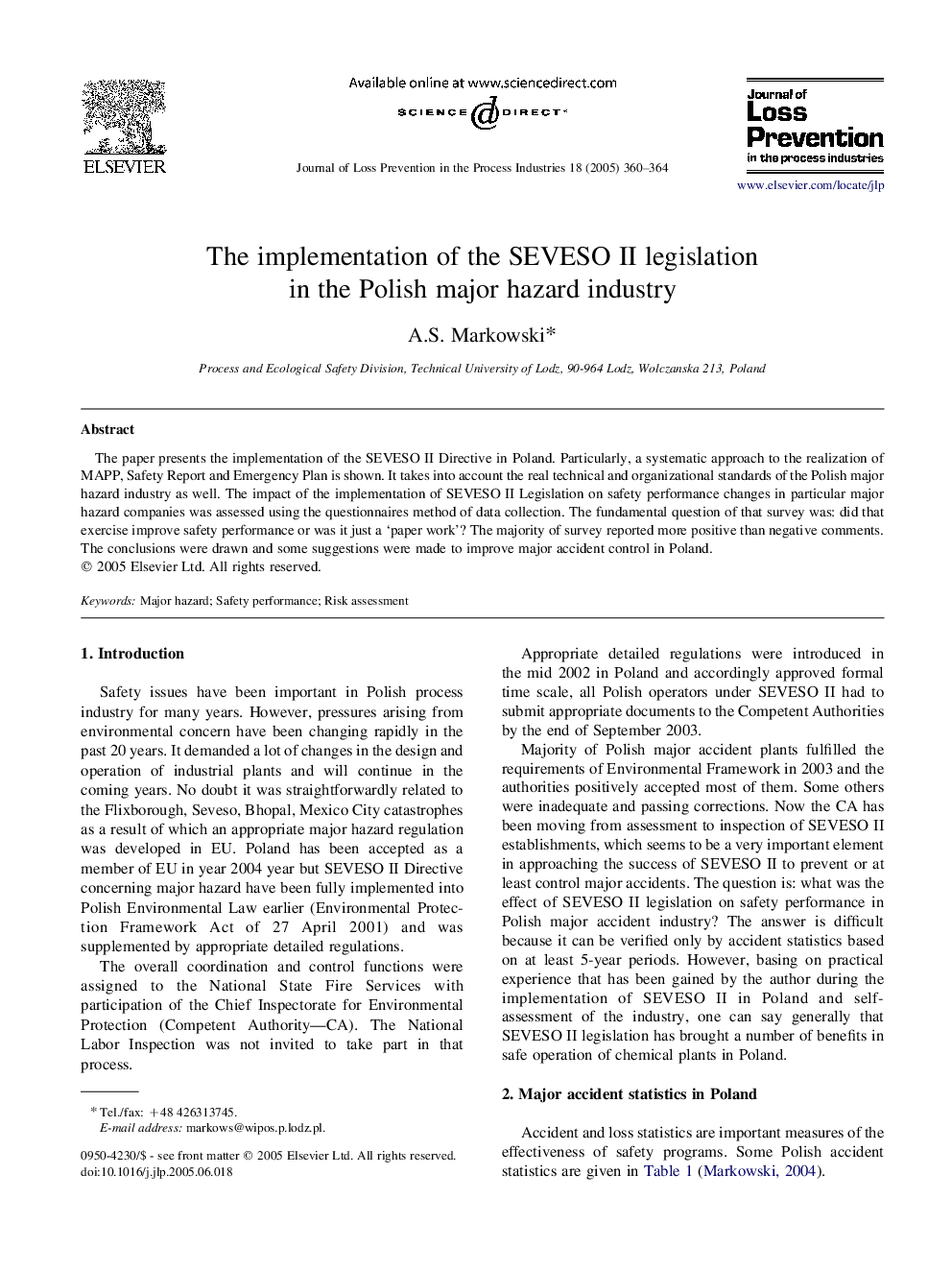 The implementation of the SEVESO II legislation in the Polish major hazard industry