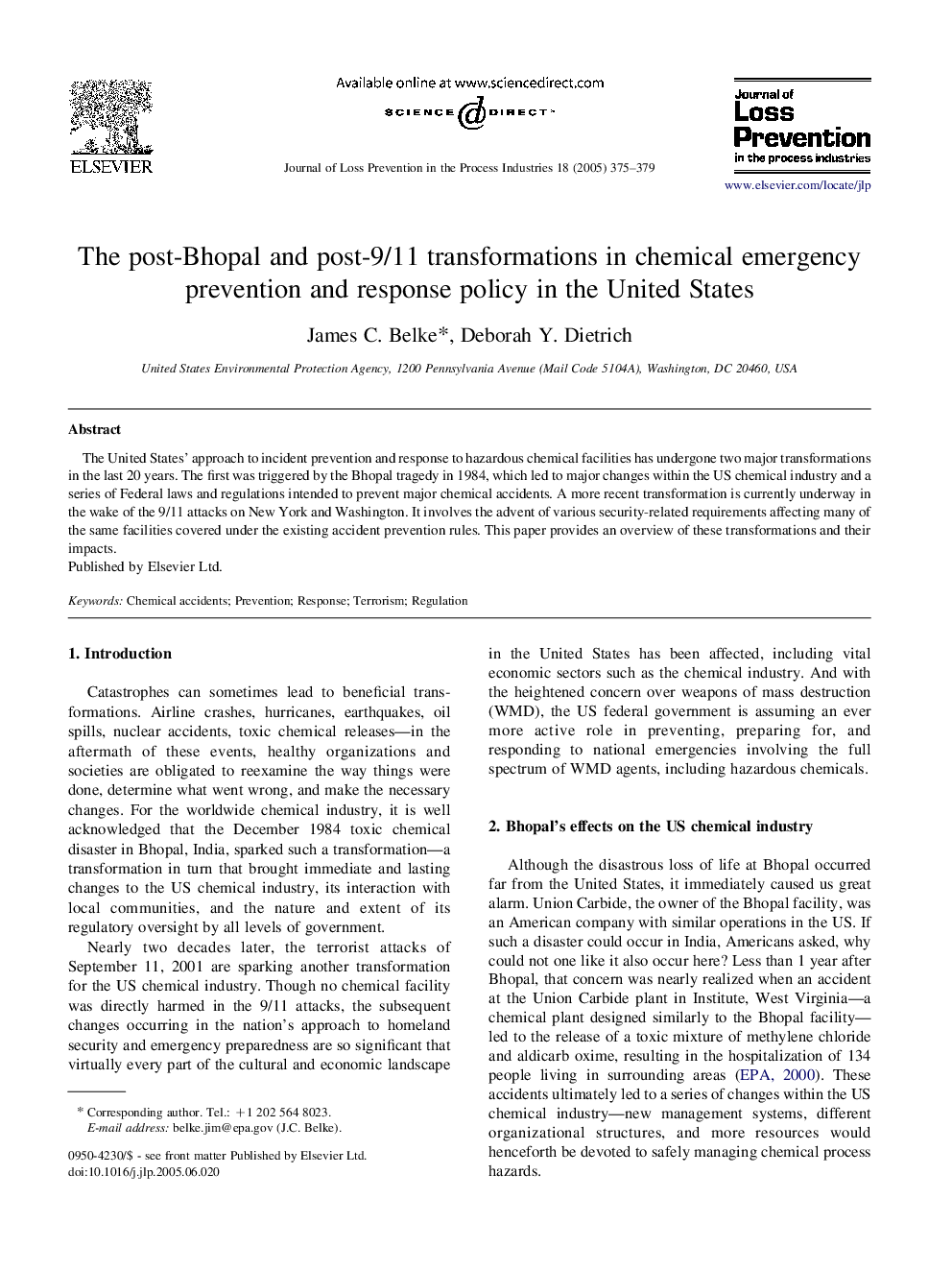 The post-Bhopal and post-9/11 transformations in chemical emergency prevention and response policy in the United States