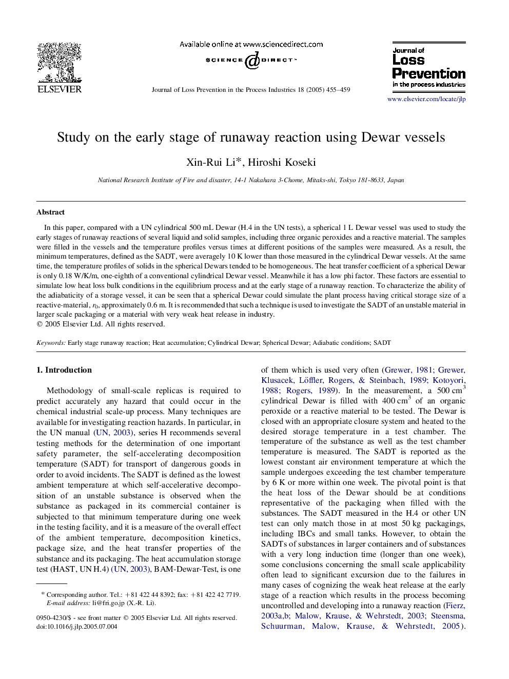 Study on the early stage of runaway reaction using Dewar vessels