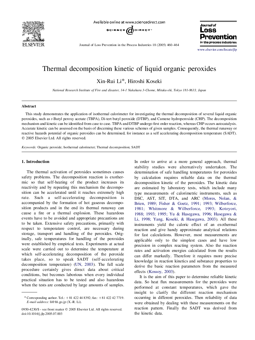 Thermal decomposition kinetic of liquid organic peroxides