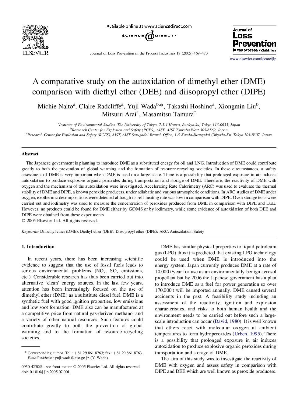 A comparative study on the autoxidation of dimethyl ether (DME) comparison with diethyl ether (DEE) and diisopropyl ether (DIPE)