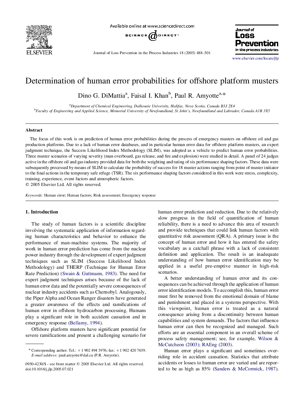 Determination of human error probabilities for offshore platform musters