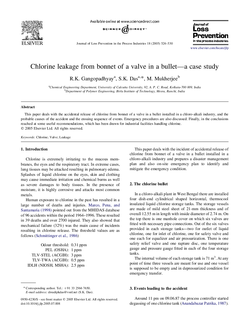 Chlorine leakage from bonnet of a valve in a bullet-a case study