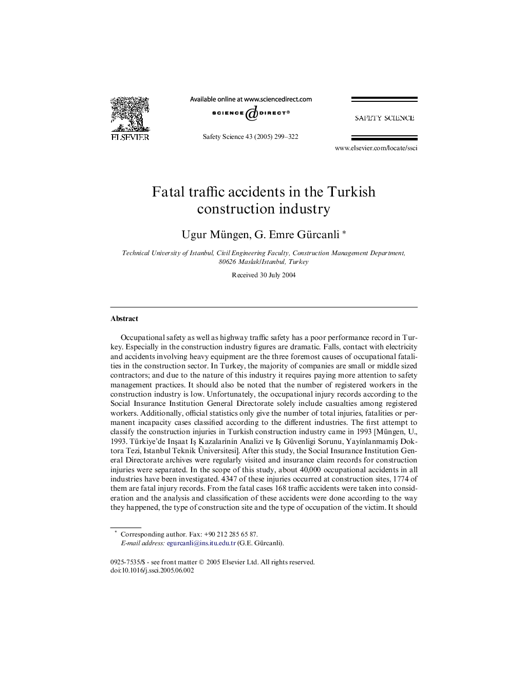 Fatal traffic accidents in the Turkish construction industry