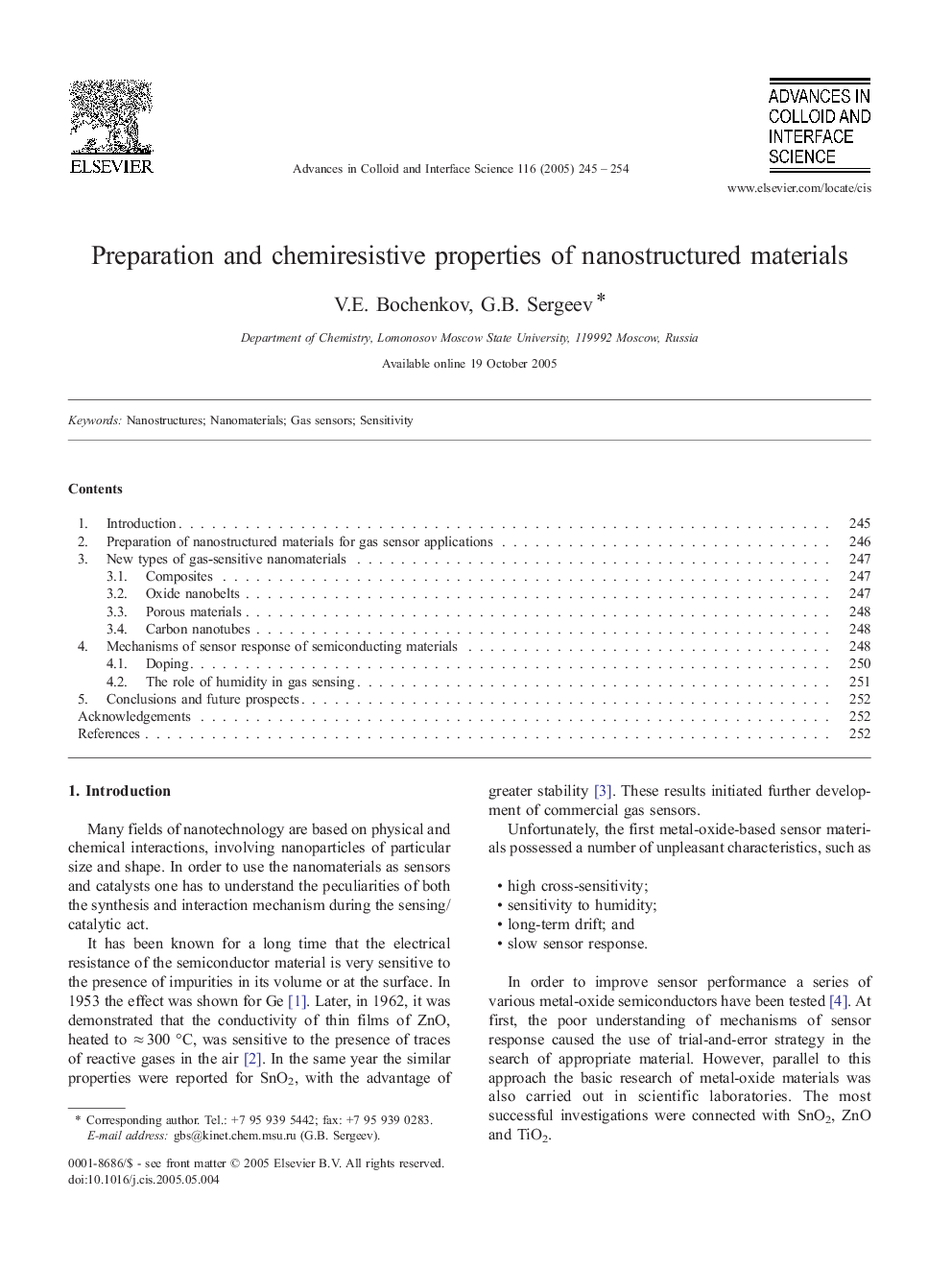 Preparation and chemiresistive properties of nanostructured materials