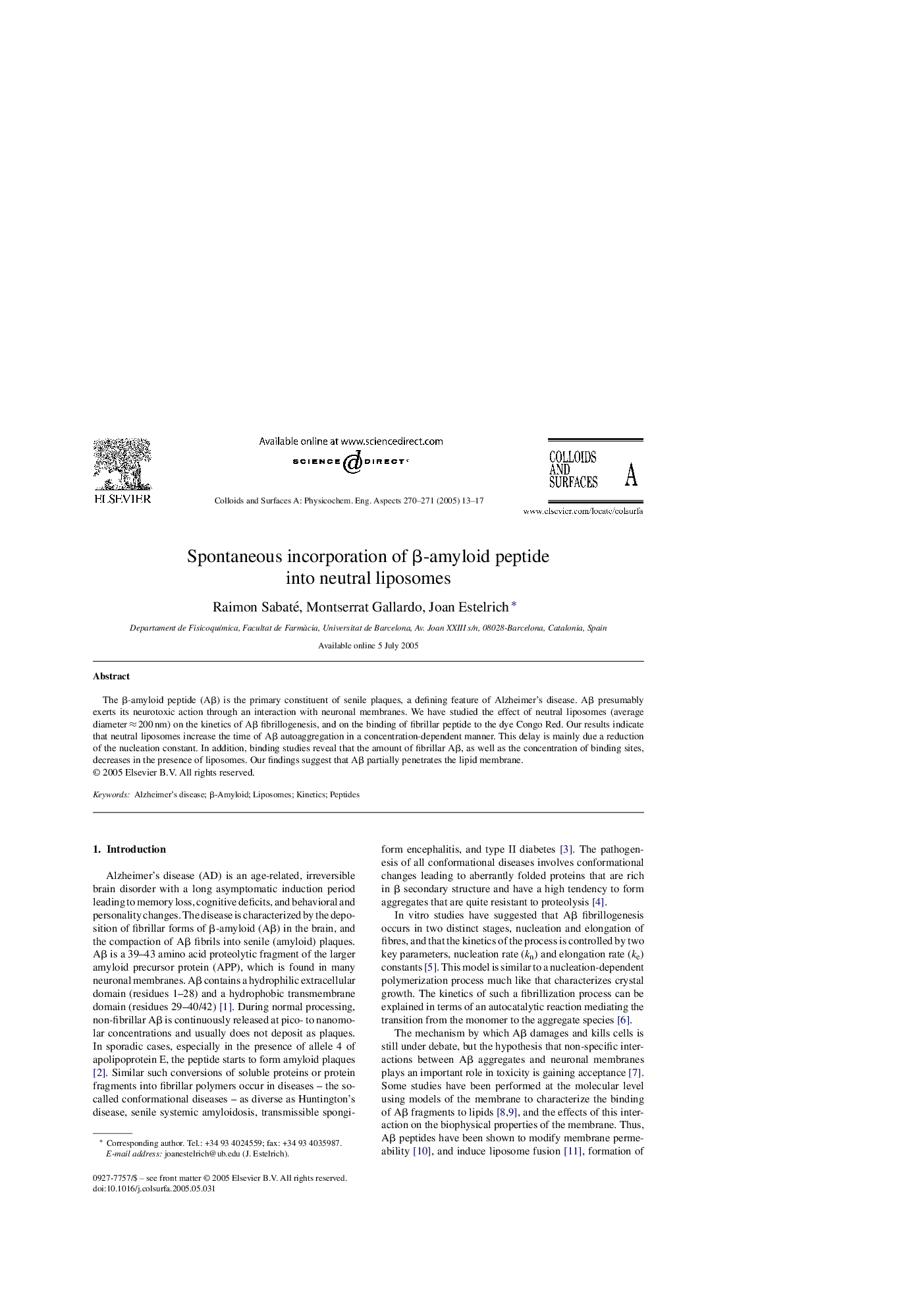 Spontaneous incorporation of Î²-amyloid peptide into neutral liposomes