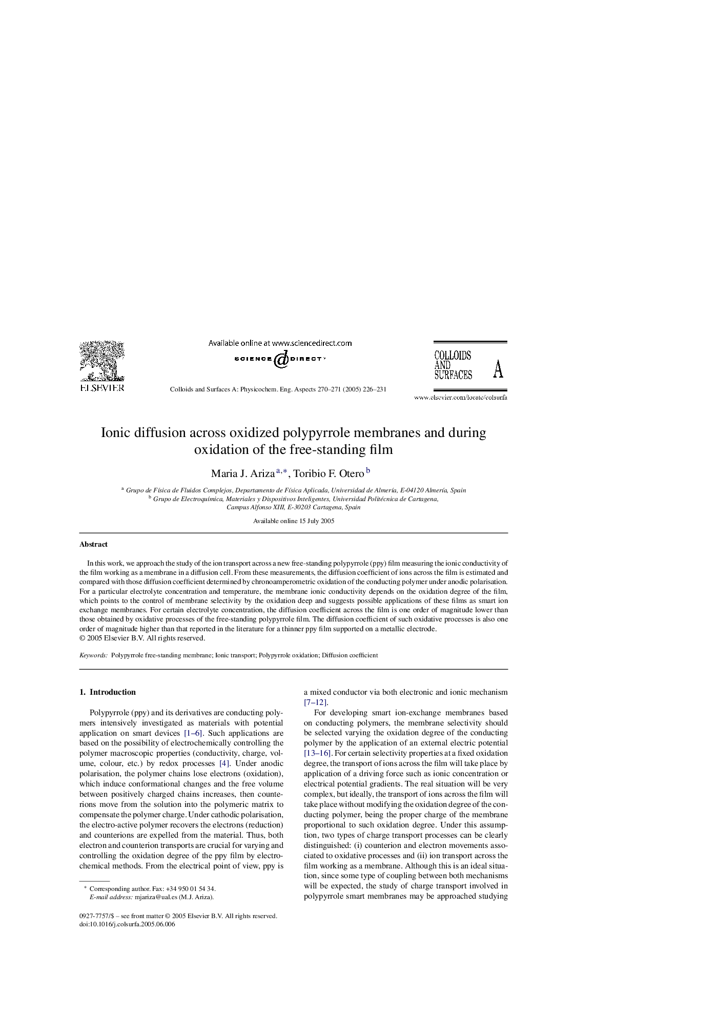 Ionic diffusion across oxidized polypyrrole membranes and during oxidation of the free-standing film