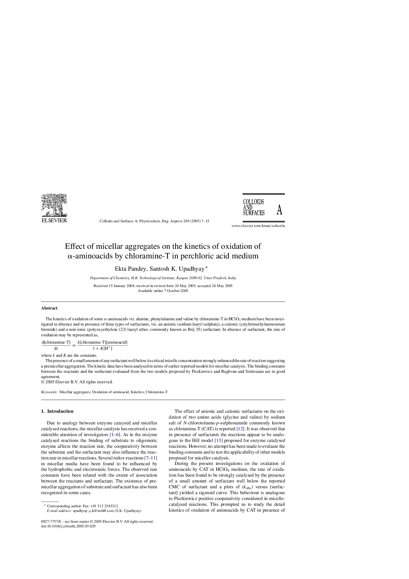 Effect of micellar aggregates on the kinetics of oxidation of Î±-aminoacids by chloramine-T in perchloric acid medium