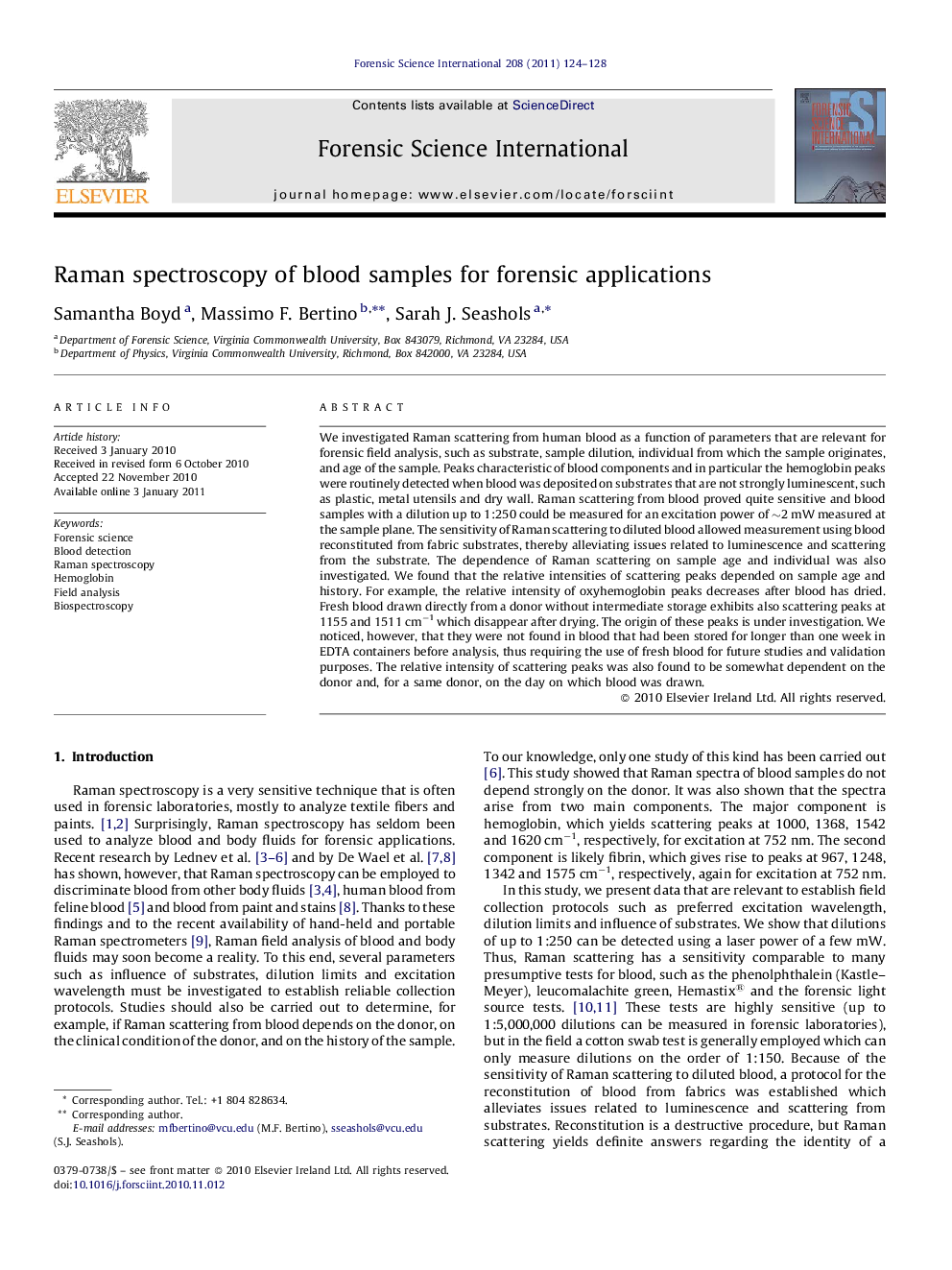 Raman spectroscopy of blood samples for forensic applications