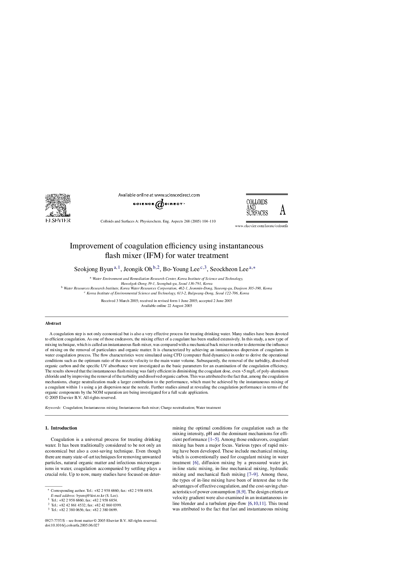 Improvement of coagulation efficiency using instantaneous flash mixer (IFM) for water treatment