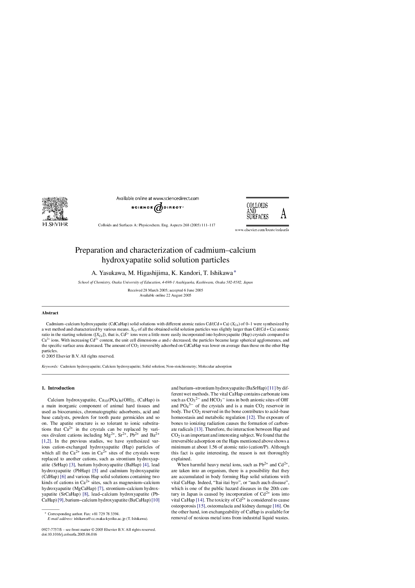 Preparation and characterization of cadmium-calcium hydroxyapatite solid solution particles