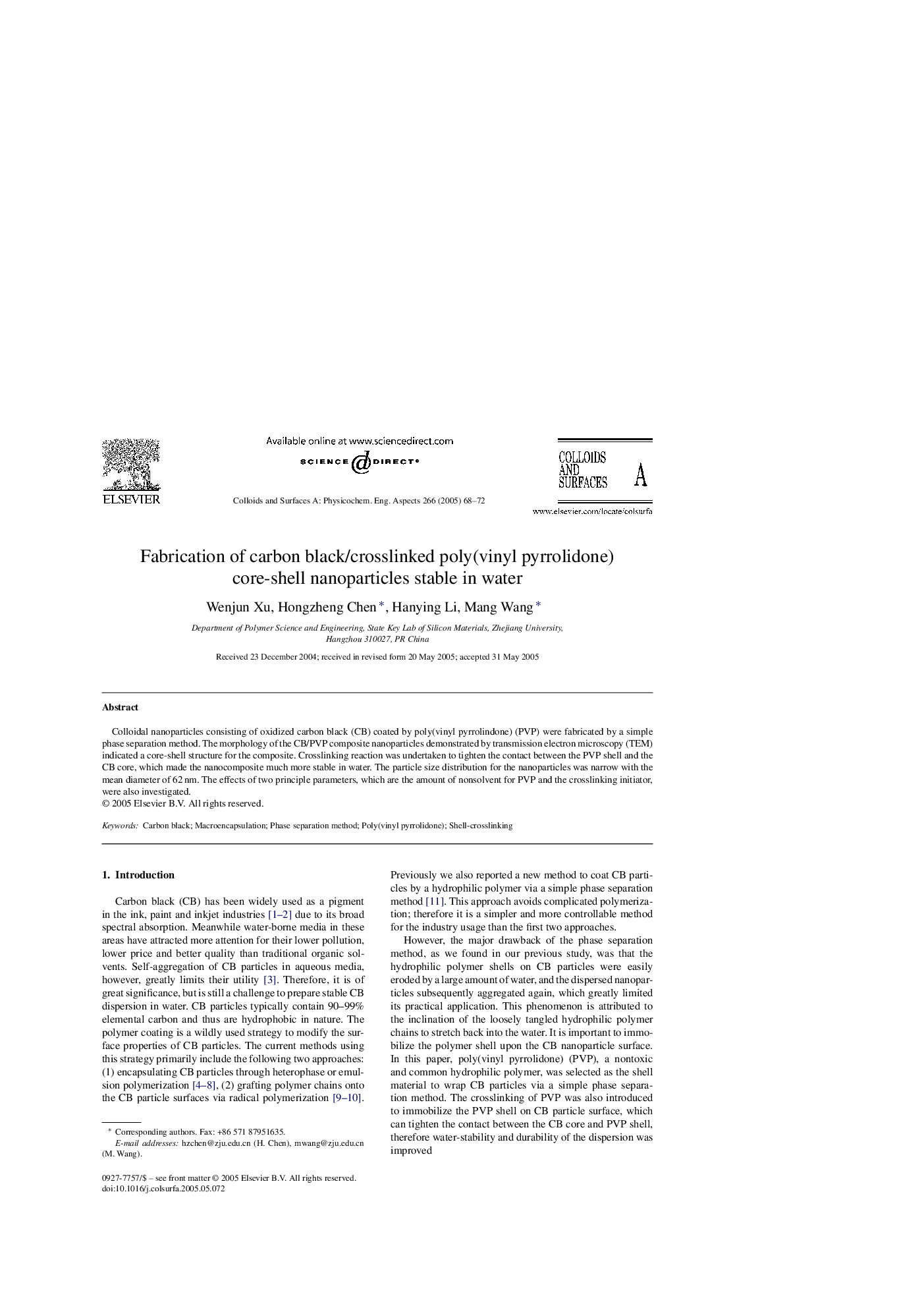 Fabrication of carbon black/crosslinked poly(vinyl pyrrolidone) core-shell nanoparticles stable in water