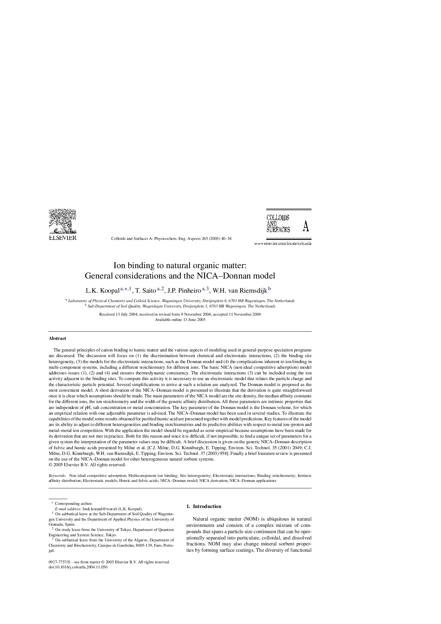 Ion binding to natural organic matter: General considerations and the NICA-Donnan model