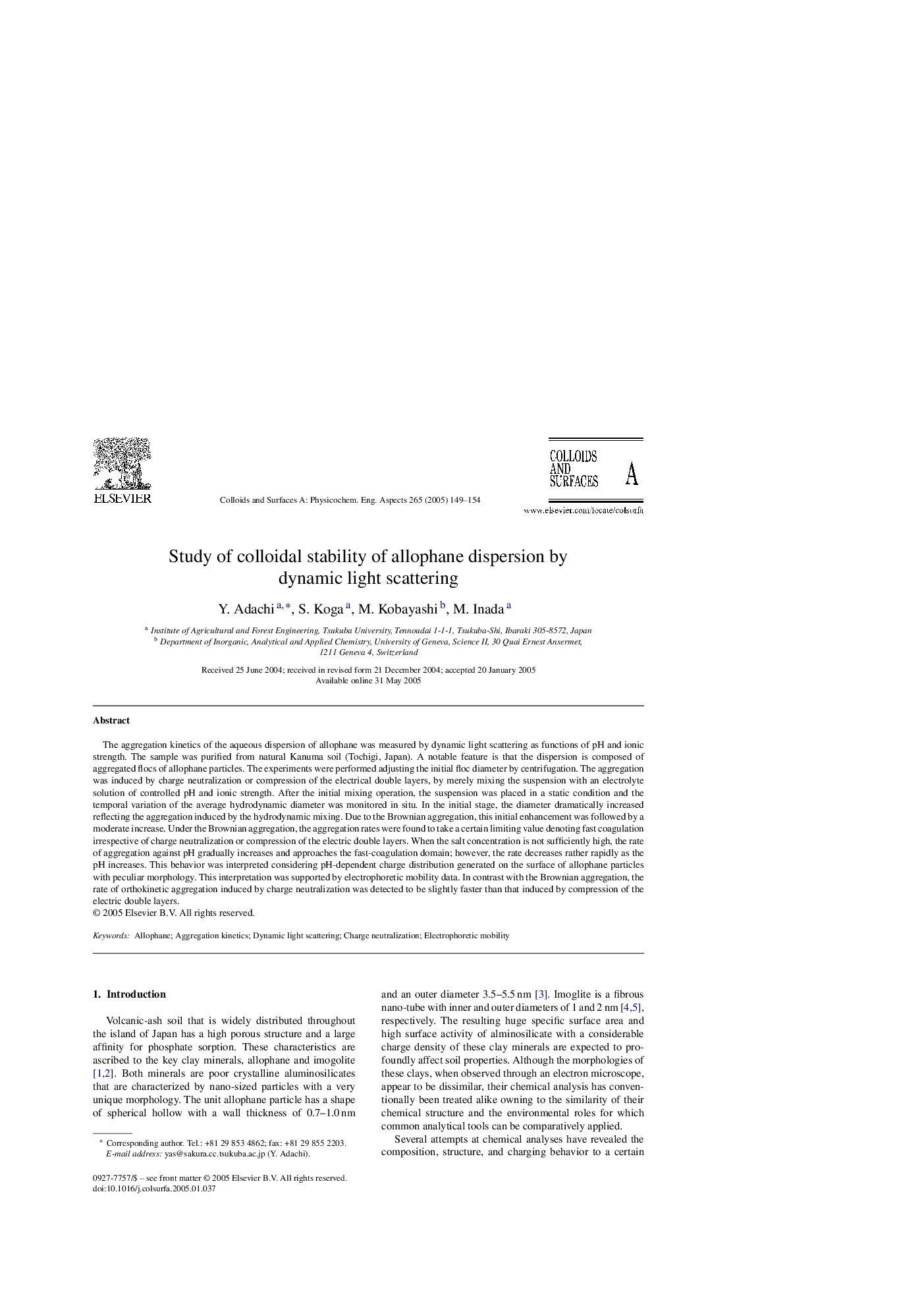 Study of colloidal stability of allophane dispersion by dynamic light scattering