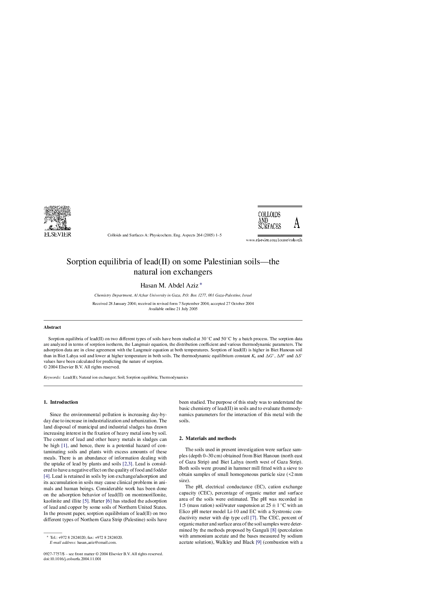 Sorption equilibria of lead(II) on some Palestinian soils-the natural ion exchangers