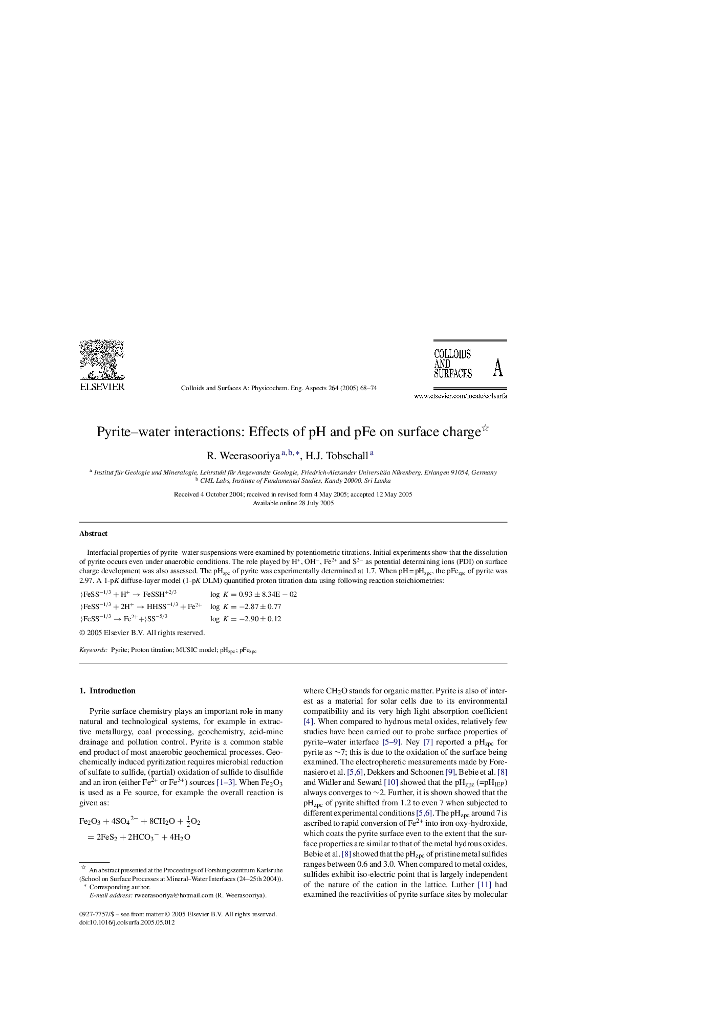 عکس صفحه اول مقاله: Pyrite-water interactions: Effects of pH and pFe on surface charge Pyrite-water interactions: Effects of pH and pFe on surface charge