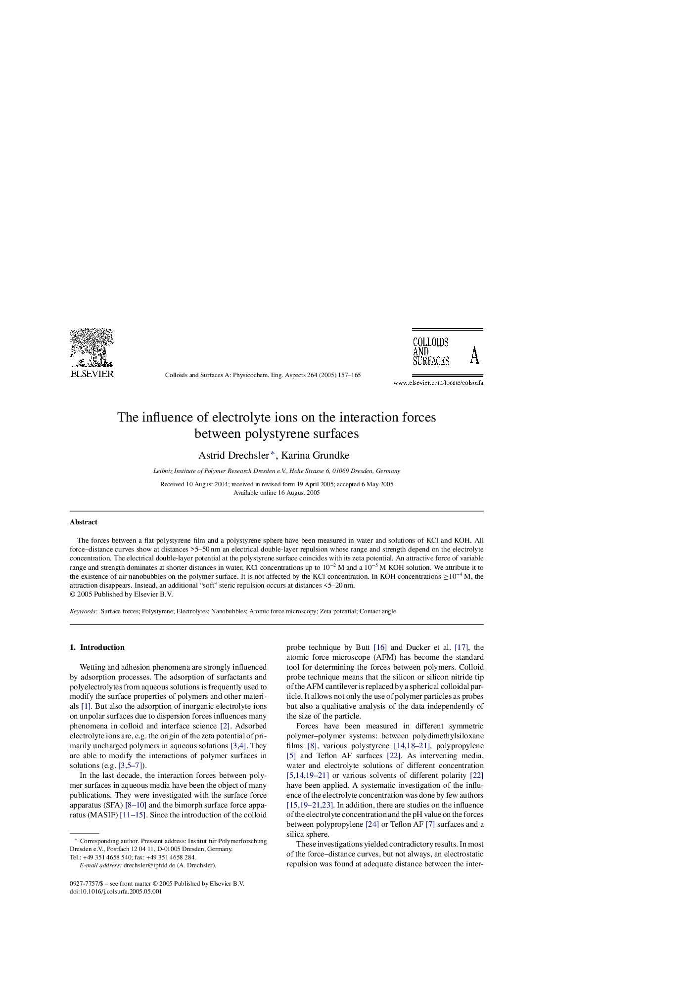 The influence of electrolyte ions on the interaction forces between polystyrene surfaces