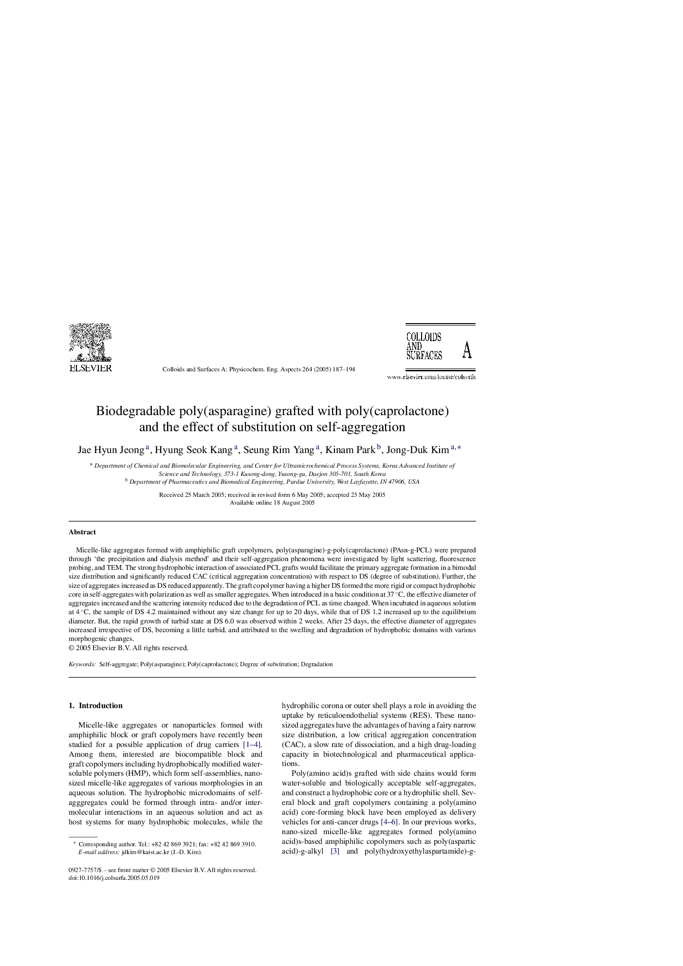 Biodegradable poly(asparagine) grafted with poly(caprolactone) and the effect of substitution on self-aggregation