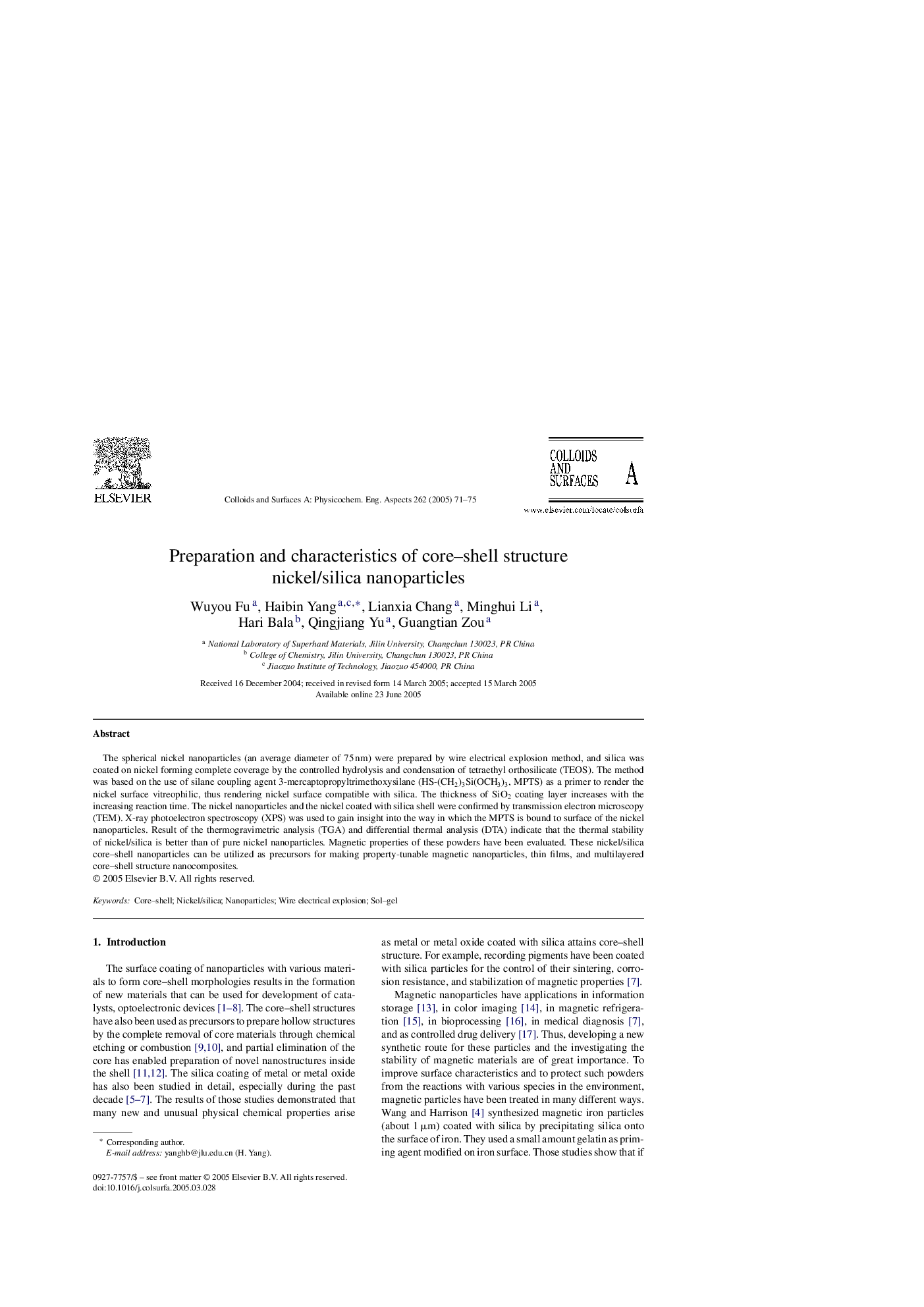 Preparation and characteristics of core-shell structure nickel/silica nanoparticles