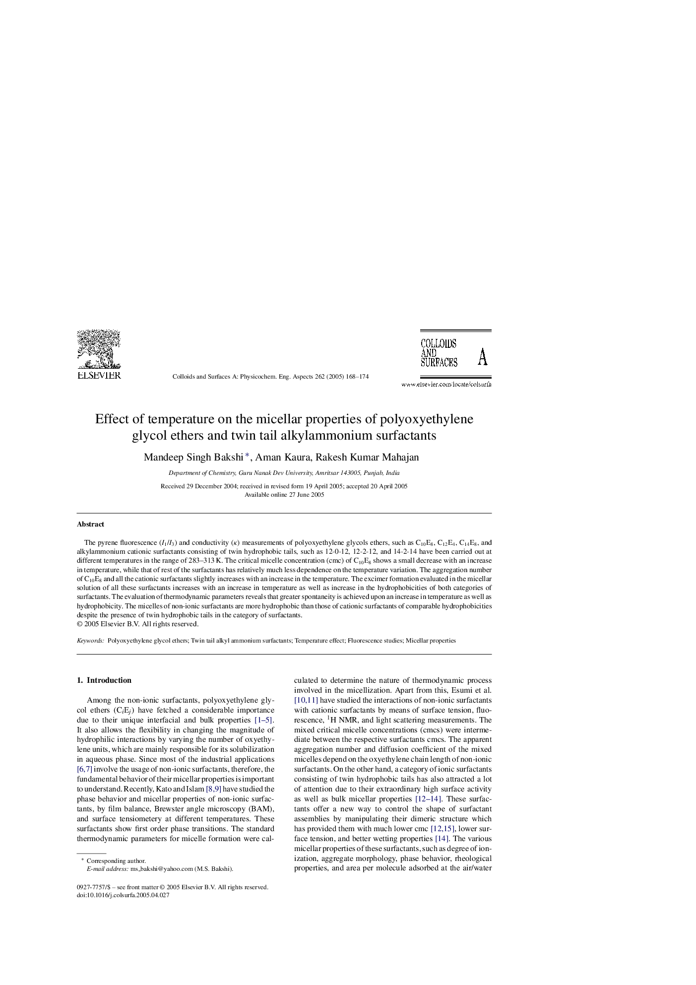 Effect of temperature on the micellar properties of polyoxyethylene glycol ethers and twin tail alkylammonium surfactants