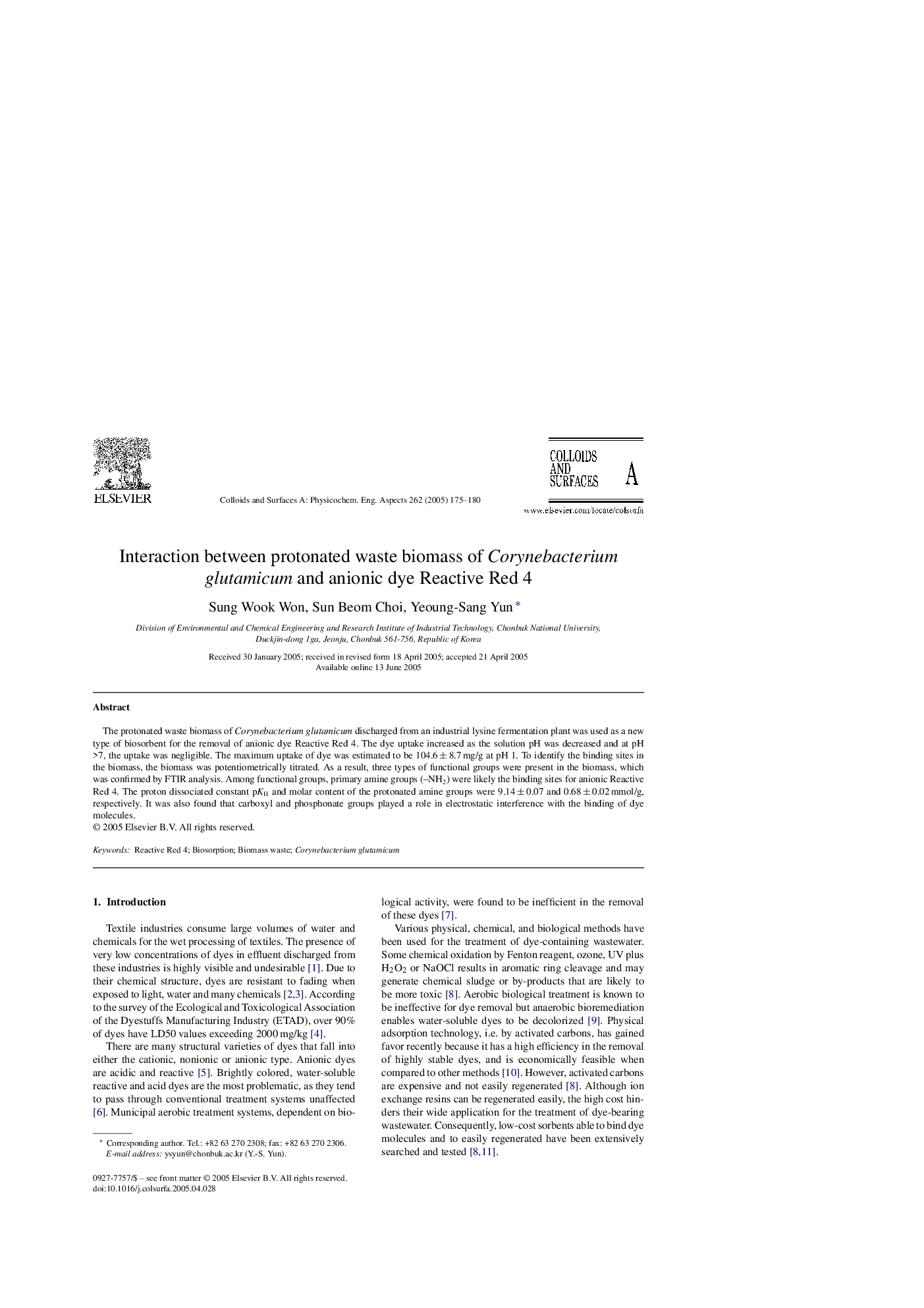 Interaction between protonated waste biomass of Corynebacterium glutamicum and anionic dye Reactive Red 4