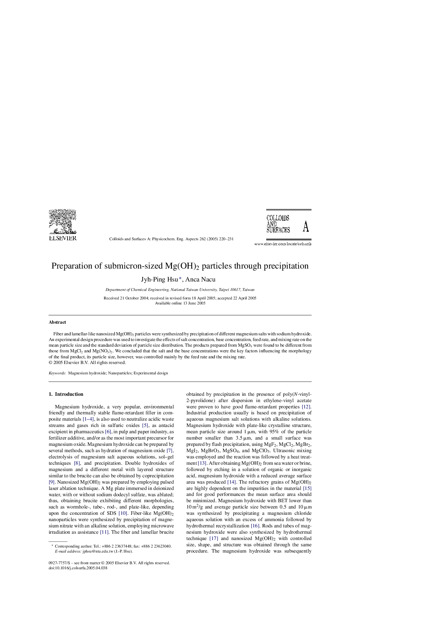 Preparation of submicron-sized Mg(OH)2 particles through precipitation