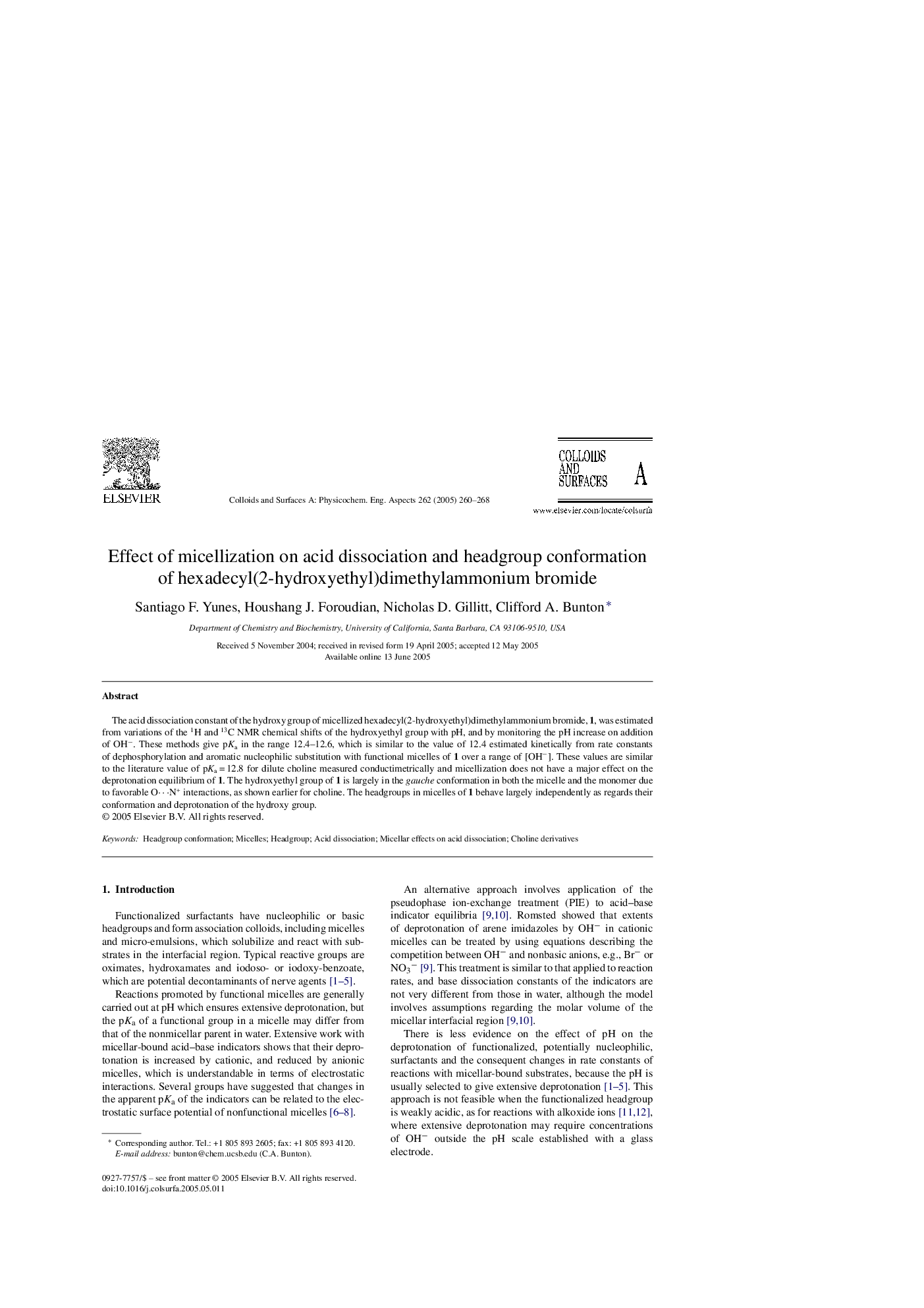 Effect of micellization on acid dissociation and headgroup conformation of hexadecyl(2-hydroxyethyl)dimethylammonium bromide